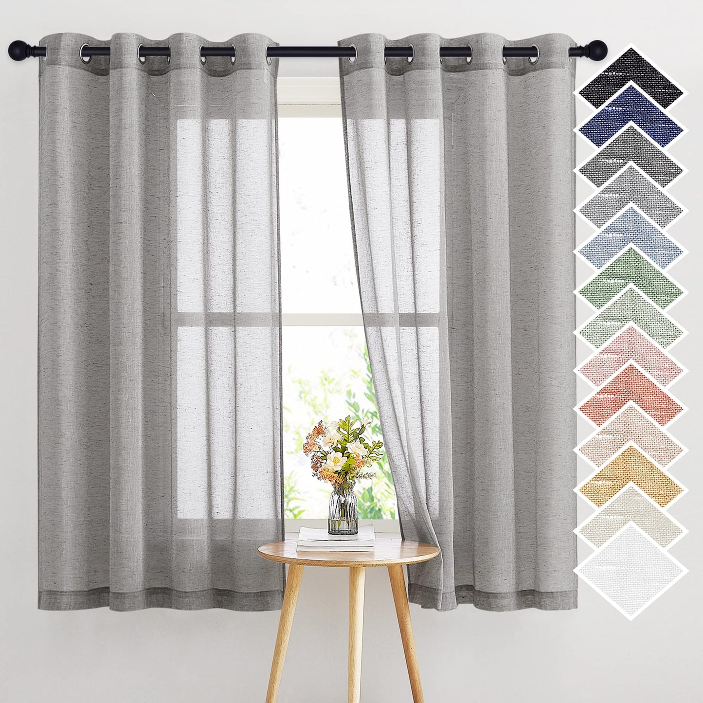 NICETOWN White Sheer Linen Curtains for Living Room 84 inch Length 2 Panels Set, Grommet Semi Sheer Privacy with Light Filtering Flax Window Treatments for Bedroom, W52 x L84