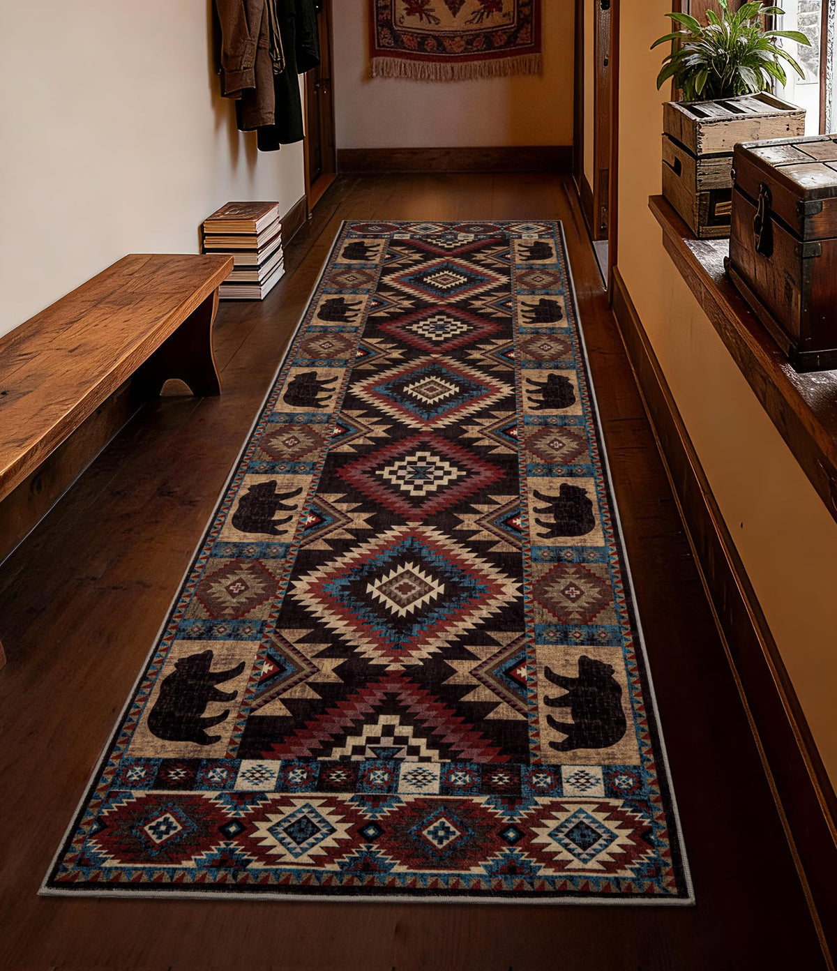 Rustic Cabin Area Rug 5x7,Machine Washable Lodge Bear Rug,Non-Slip Low Pile Print Pattern Southwestern Rug for Living Room Bedroom