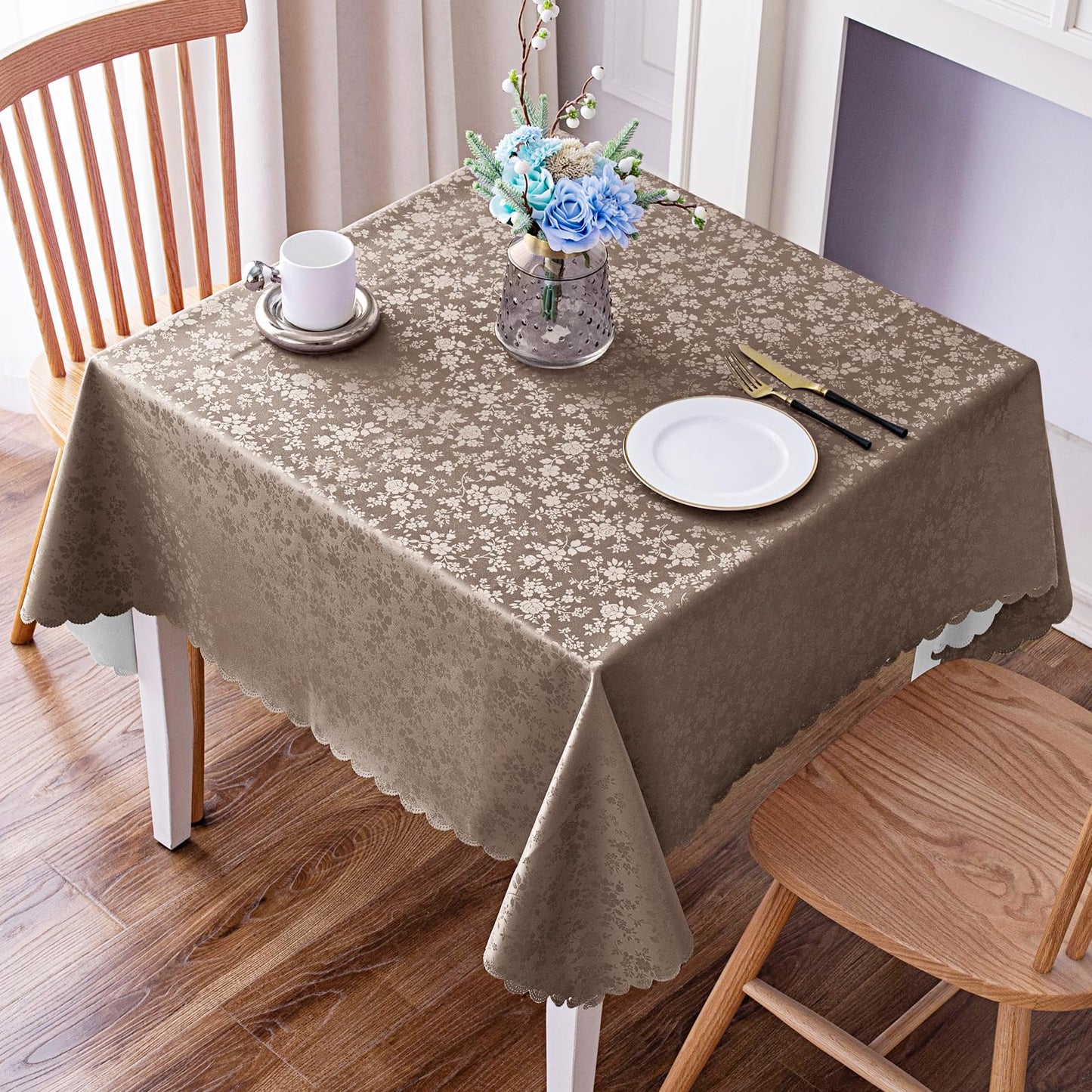 Smiry Rectangle Waterproof Heavy Duty Vinyl Tablecloths, 60 x 84 Inch | Wipeable Washable Floral Embossed Table Cover for Kitchen and Dining Room, Indoor & Outdoor Use, Beige