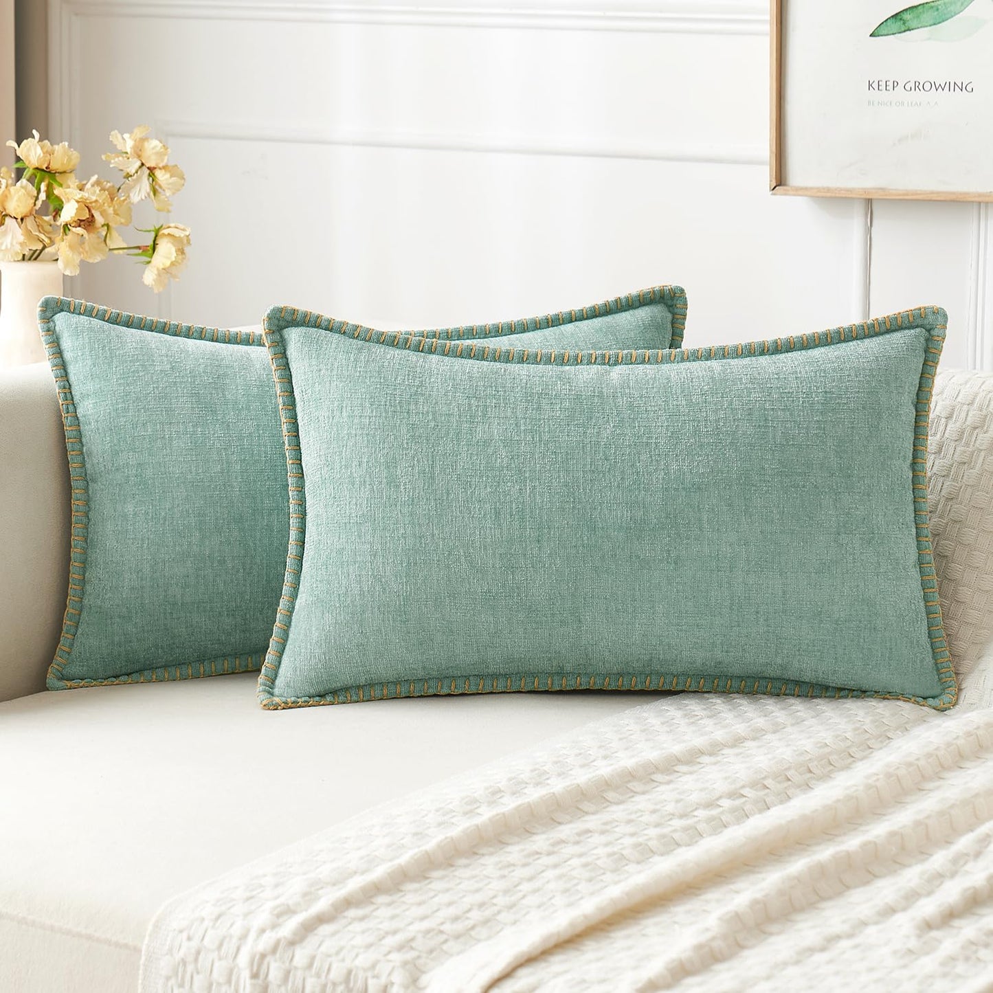 MIULEE Decorative Couch Throw Pillow Covers 18x18 Inch Sage Green 2 Pack | Farmhouse Pillow Covers with Stitched Edge, Soft Chenille Cushion Cases, for Sofa Bed Living Room Home Decor