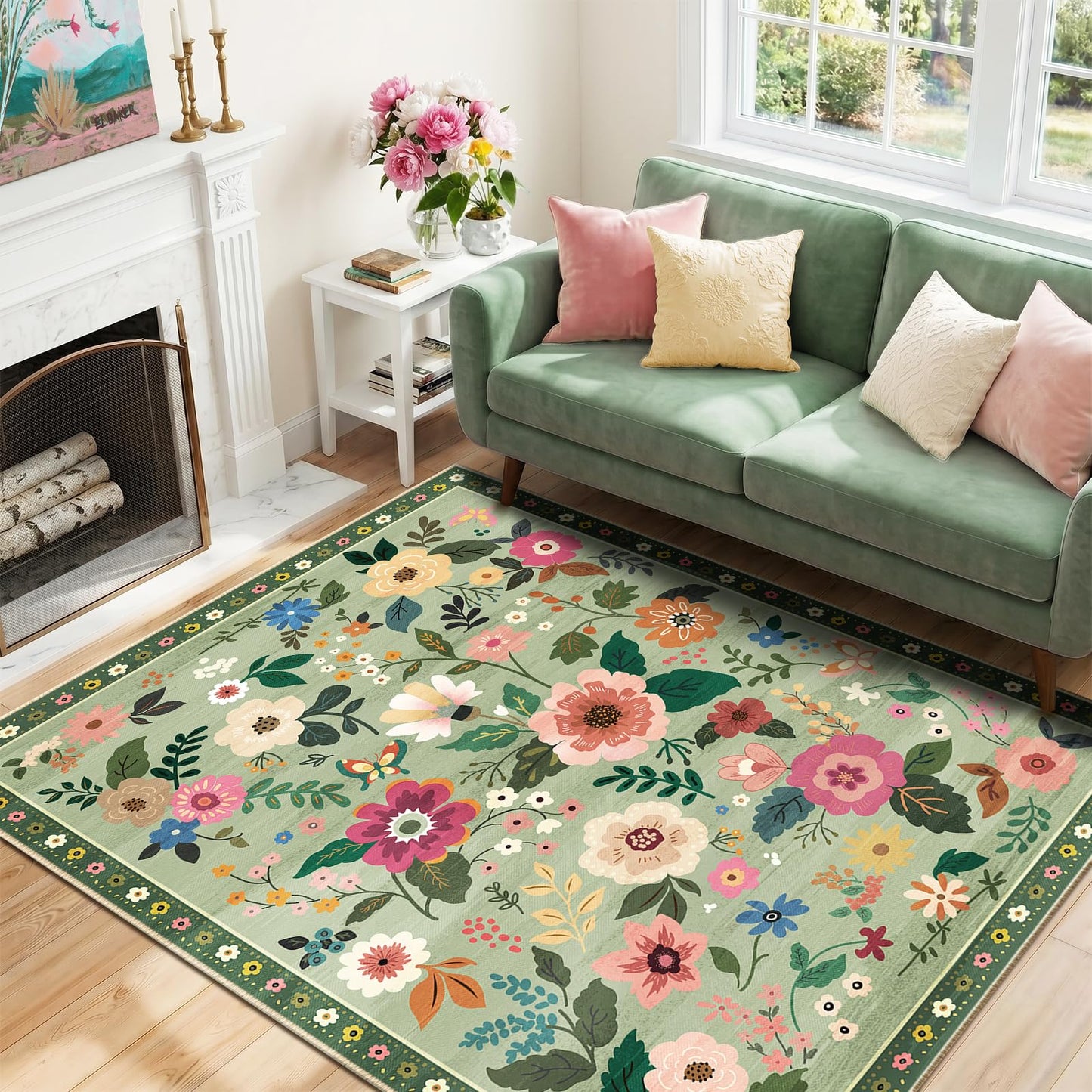 RELEANY Floral Washable 5x7 Area Rugs Black | Flower Carpet, Print, Boho, Non-Slip, Easy to Clean, Soft, Low Pile for Living Room Bedroom Kitchen Office Entryway Hallway