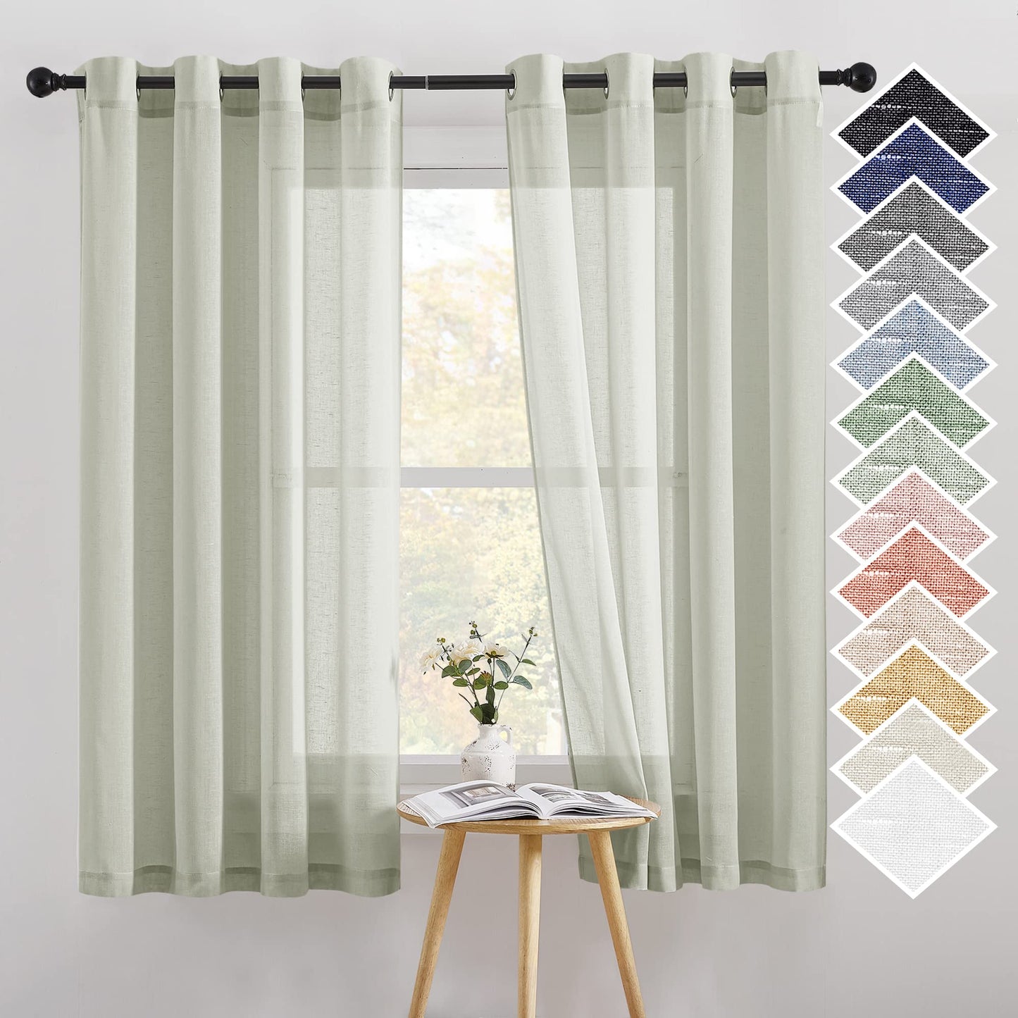 NICETOWN White Sheer Linen Curtains for Living Room 84 inch Length 2 Panels Set, Grommet Semi Sheer Privacy with Light Filtering Flax Window Treatments for Bedroom, W52 x L84