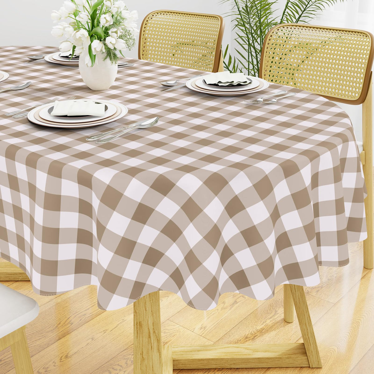 Smiry Picnic Table Cloth, Vinyl Tablecloths with Flannel Backing, 60"x84" | Waterproof Rectangle Table Cloth, Wipeable Buffalo Plaid Table Cover for Indoor and Outdoor (Khaki & White)