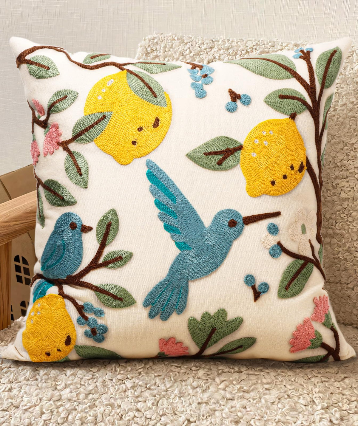 Embroidered Throw Pillow Cover 18x18 Inch, Flower Cluster | Decorative Pillow Cover, Floral Farmhouse Cushion Case with Hidden Zipper, Home Decor for Couch, Sofa, Living Room, Bedroom
