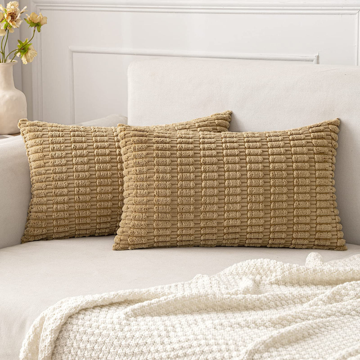 MIULEE Corduroy Decorative Throw Pillow Covers 18x18 Cream White Pack of 2 | Soft Boho Striped Pillow Covers Modern Farmhouse Home Decor For Sofa Living Room Couch Bed