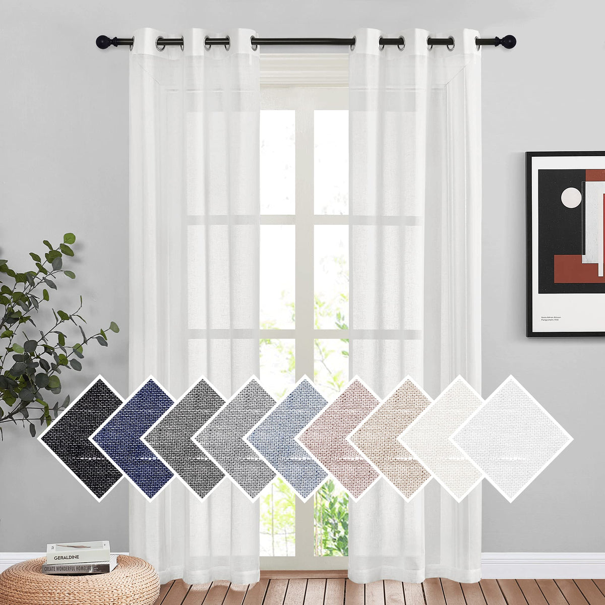 NICETOWN White Sheer Linen Curtains for Living Room 84 inch Length 2 Panels Set, Grommet Semi Sheer Privacy with Light Filtering Flax Window Treatments for Bedroom, W52 x L84