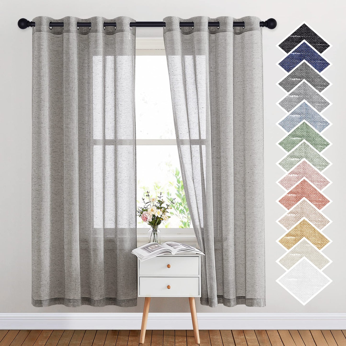 NICETOWN White Sheer Linen Curtains for Living Room 84 inch Length 2 Panels Set, Grommet Semi Sheer Privacy with Light Filtering Flax Window Treatments for Bedroom, W52 x L84