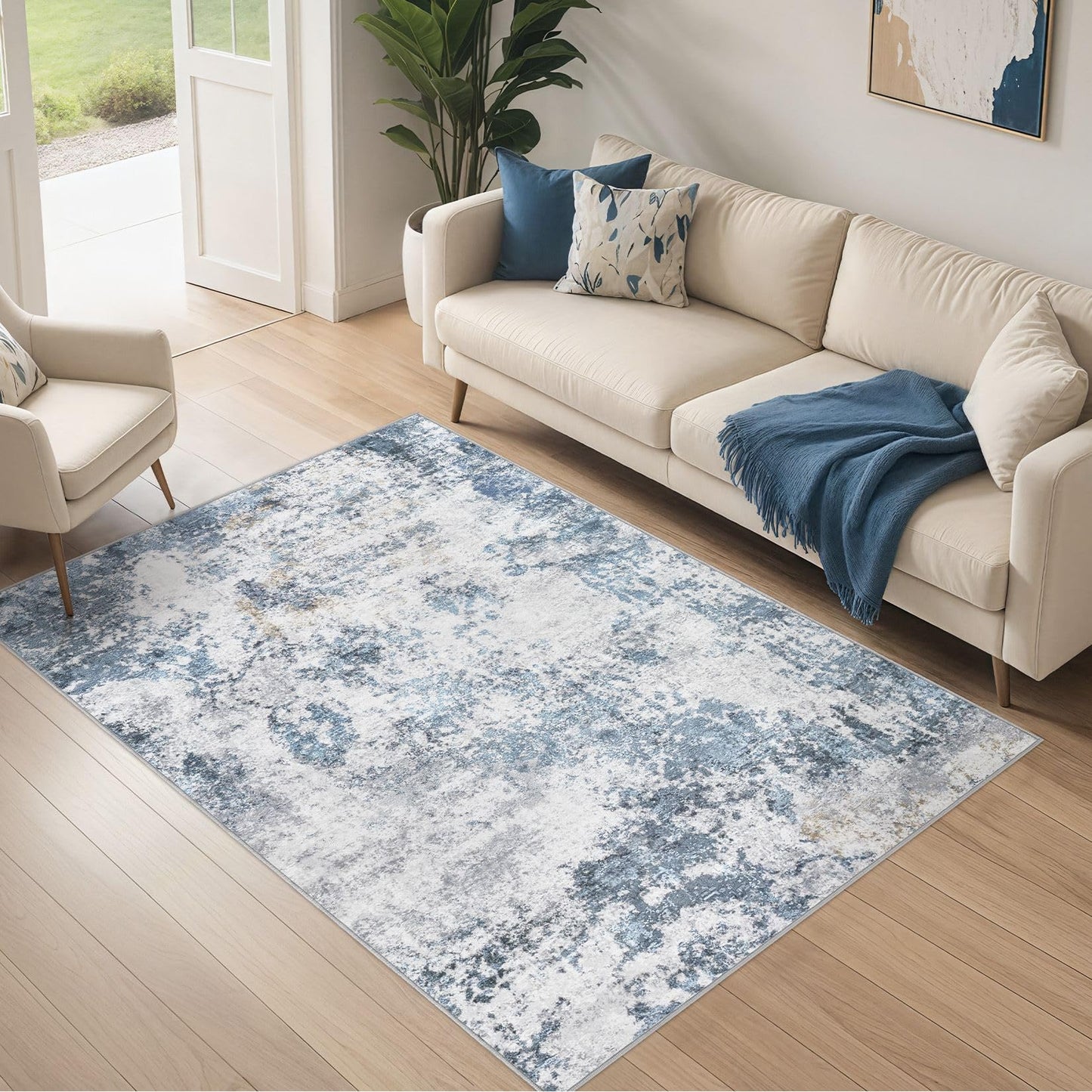 DMOYEST 8x10 Area Rug for Living Room Washable Abstract Indoor Carpet | Neutral Modern Low Pile Rugs Kid & Pet Friendly Large Soft Thin Carpet for Bedroom Dining Room - Grey Blue