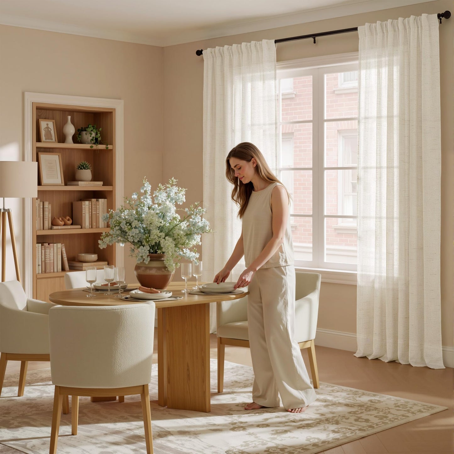 NICETOWN Flax Linen Curtains 84 inch Long, Rod Pocket & Back Tab Semi Sheer Vertical Drapes Privacy Added with Light Filtering for Bedroom/Living Room, Burlap, W52 x L84, 2 Pieces