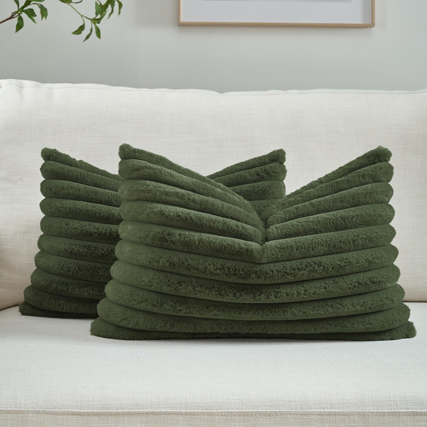 FUTEI Pack of 2 Faux Fur Throw Pillow Covers 18x18 Inch, Cream White | Fluffy Faux Rabbit Fur Front/Premium Velvet Back,Hidden Zipper,Machine Washable,Non-Shedding,Colorfast,Insert Not Included.