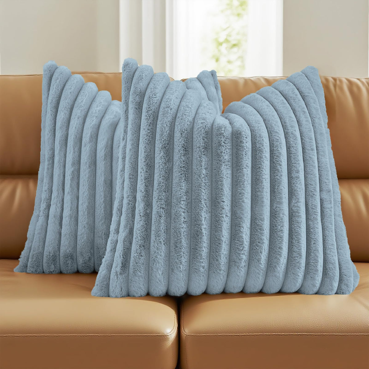 FUTEI Pack of 2 Faux Fur Throw Pillow Covers 18x18 Inch, Cream White | Fluffy Faux Rabbit Fur Front/Premium Velvet Back,Hidden Zipper,Machine Washable,Non-Shedding,Colorfast,Insert Not Included.