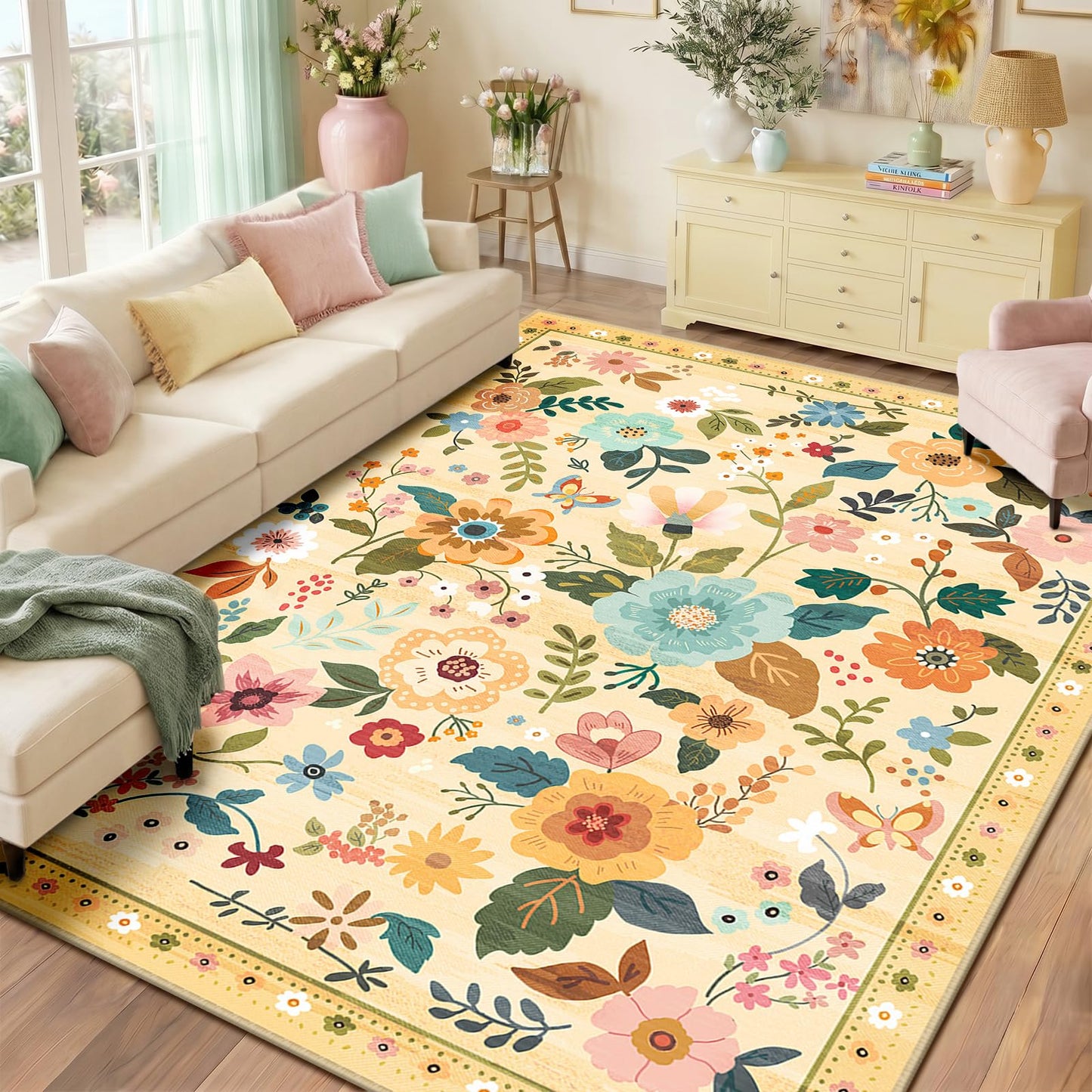 RELEANY Floral Washable 5x7 Area Rugs Black | Flower Carpet, Print, Boho, Non-Slip, Easy to Clean, Soft, Low Pile for Living Room Bedroom Kitchen Office Entryway Hallway