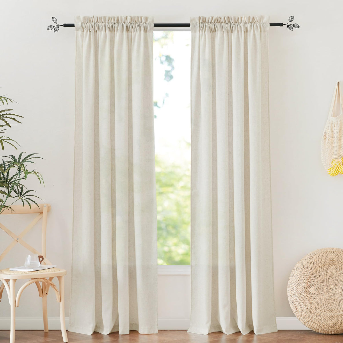 RYB HOME White Semi Sheer Curtains 84 inches Long for Living Room | Half Privacy, Linen Textured, Sheer Light Filtering, Vertical Window Drapes, for Bedroom Dining, White, W52 x L84, 2 Panels