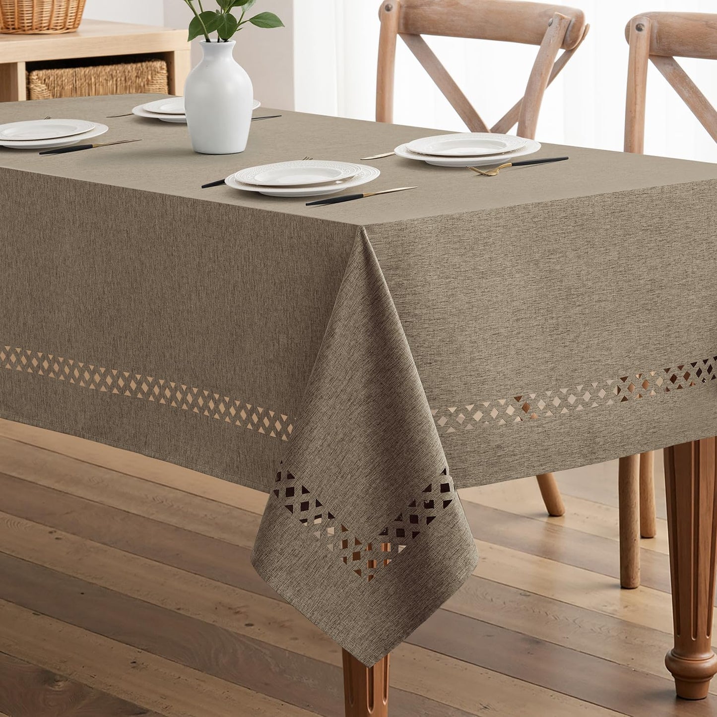 MIULEE Beige Rectangle Tablecloth with Decorative Cutouts 52x70 Inch | Waterproof Stain Resistant & Shrink-Proof Table Cloth, Farmhouse Style, for Dining Wedding Kitchen Party Outdoor