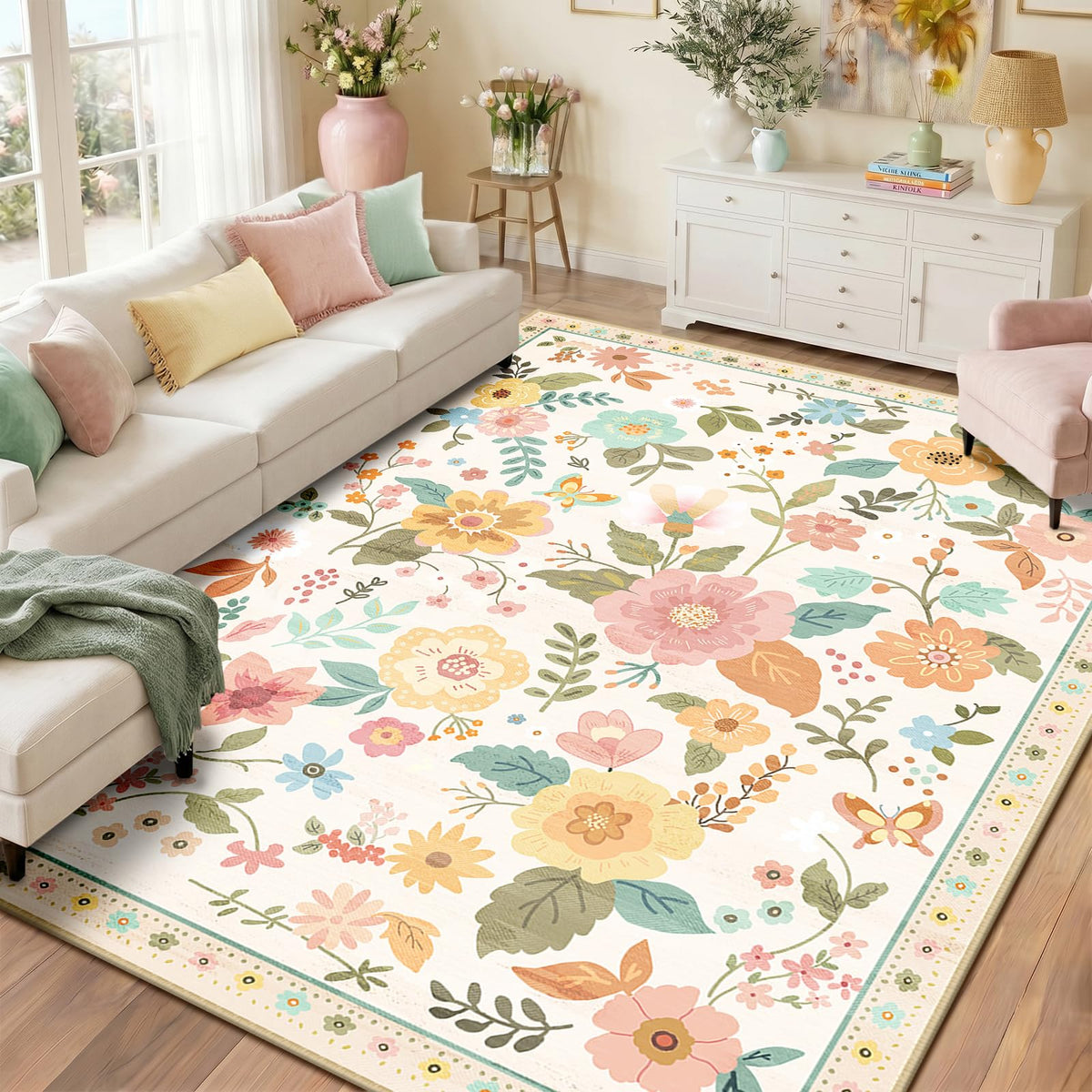 RELEANY Floral Washable 5x7 Area Rugs Beige/White/Orange | Flower Carpet, Print, Boho, Non-Slip, Easy to Clean, Soft, Low Pile for Living Room Bedroom Kitchen Office Entryway Hallway