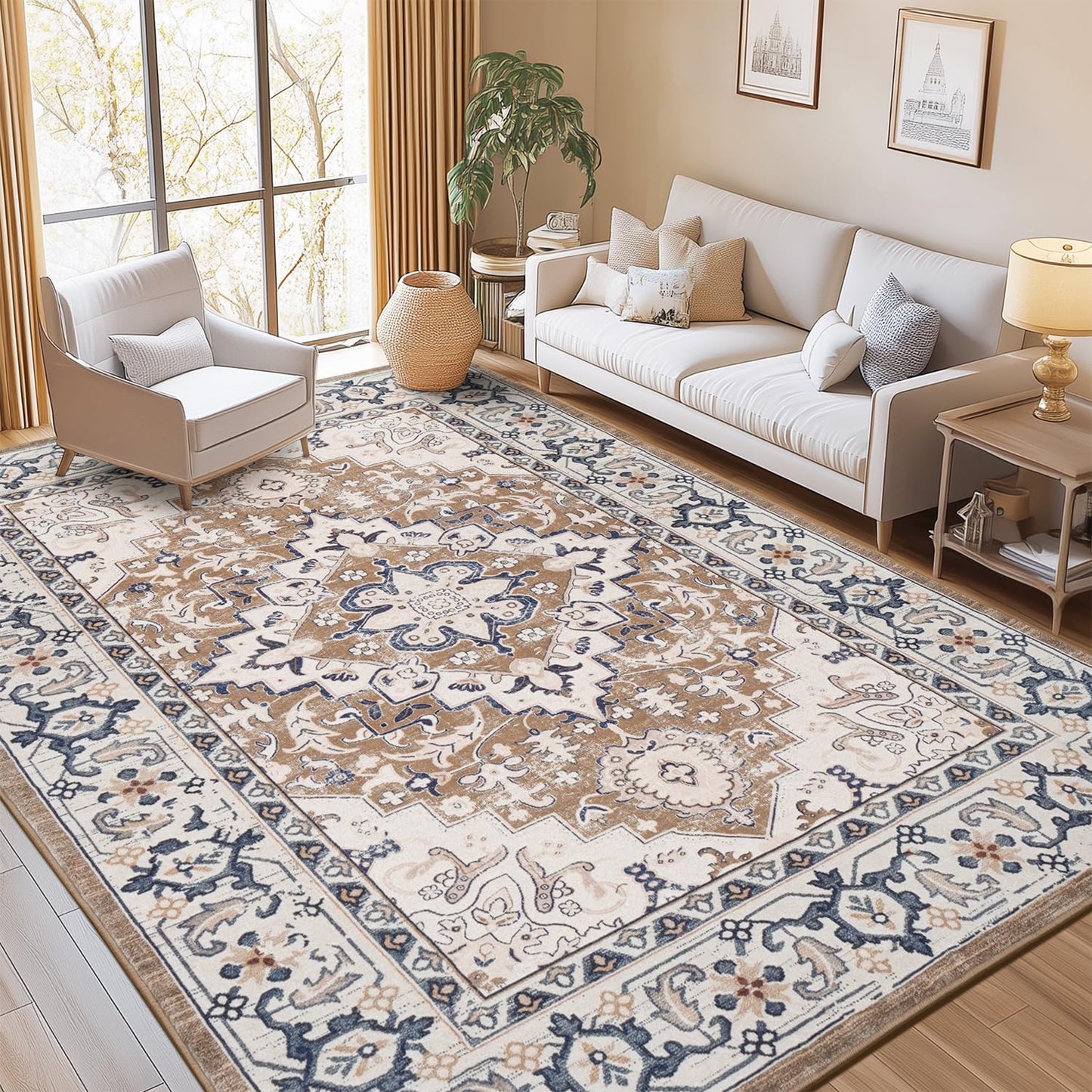 Lofus 5x7 Area Rugs for Living Room Bedroom, Soft Boho Carpet Floral Brown | High-Power Vacuuming, Non-Slip, Low Pile, Stain & Water Repellent, Soft, Skin-Friendly, for Kitchen Entryway Office