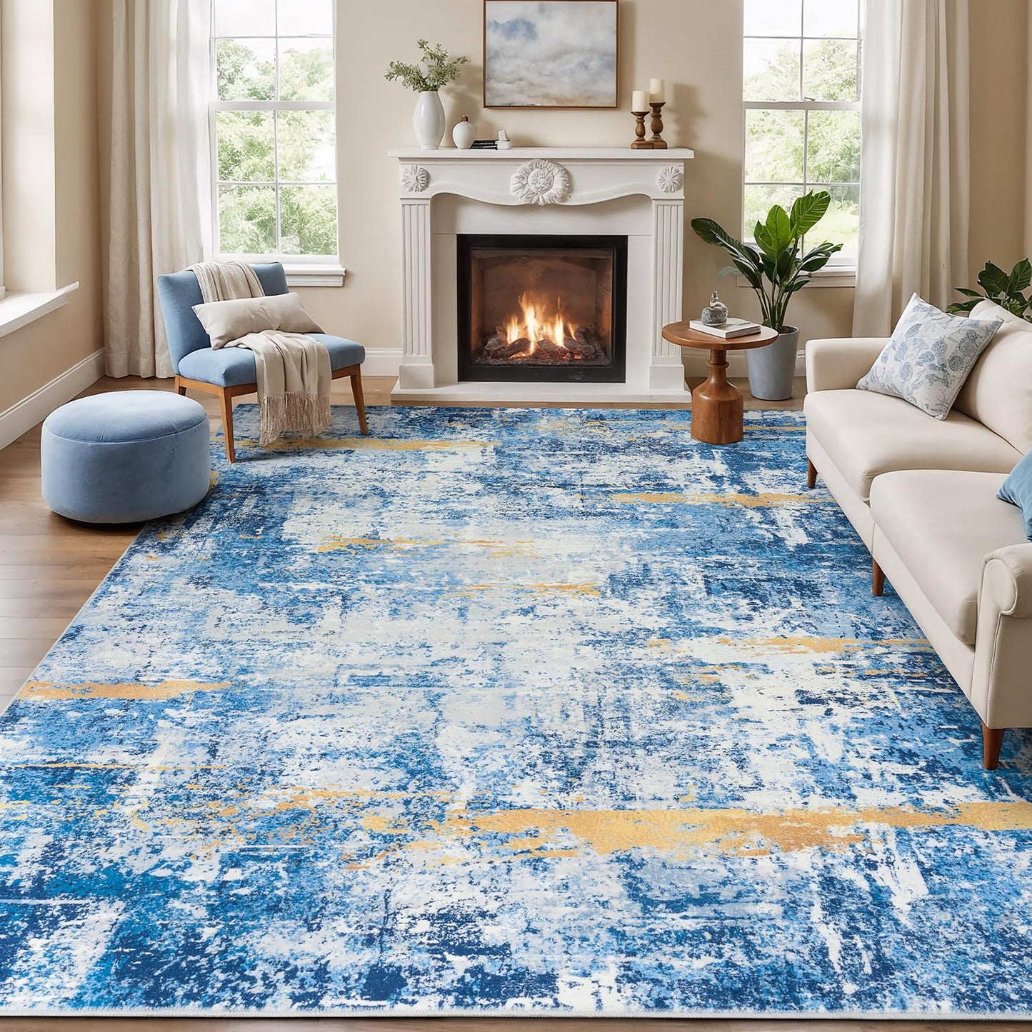 Rugflix 8x10 Area Rugs for Living Room, Washable Large Rug Stain-Resistant Low Pile, Modern Dark Carpet for Dining Room Home Office Kid Room Nursery Bedroom, Navy Blue/Black