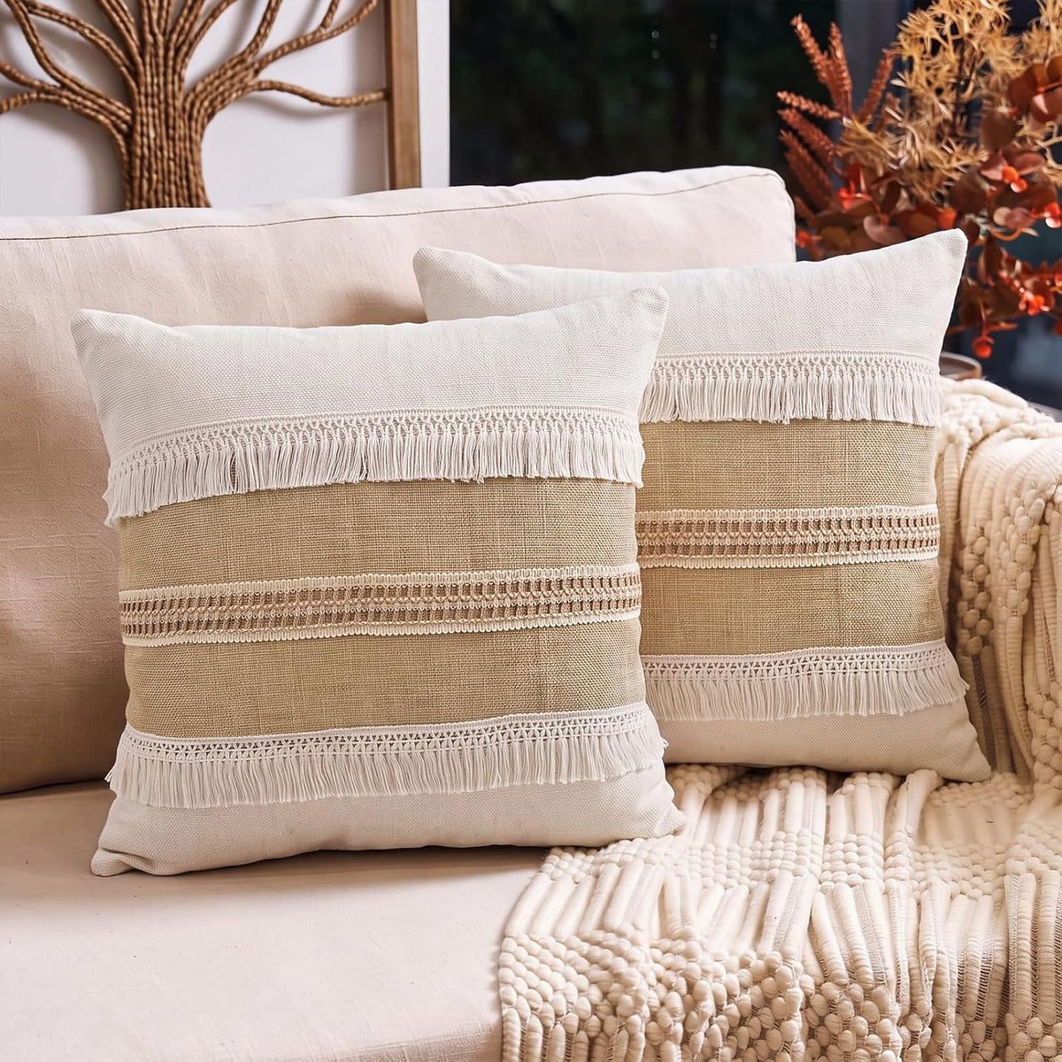 Boho Fringe Throw Pillow Covers 18x18 inch | Khaki and Cream Linen Cushion Covers,Stripe Hemp Lace Tassel Decorative, Neutral Farmhouse Pillow Covers for Couch Sofa