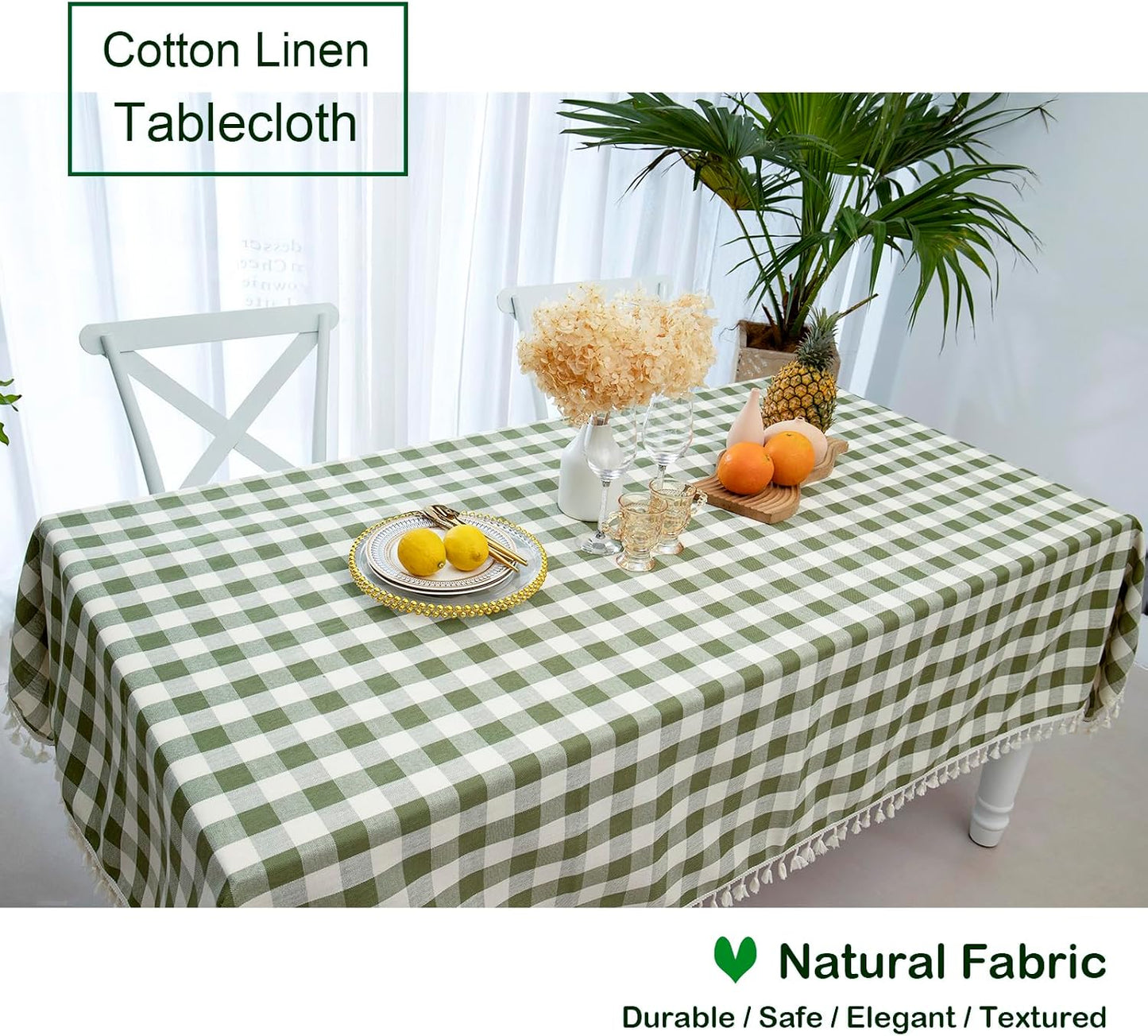 Midsummer Breeze Country Garden Green Gingham Tablecloth Rectangle 55”x84” | tassel, spring, easter, summer, picnic, outdoor, checkered, fresh, camping, Christmas, washable, wrinkle free, reusable
