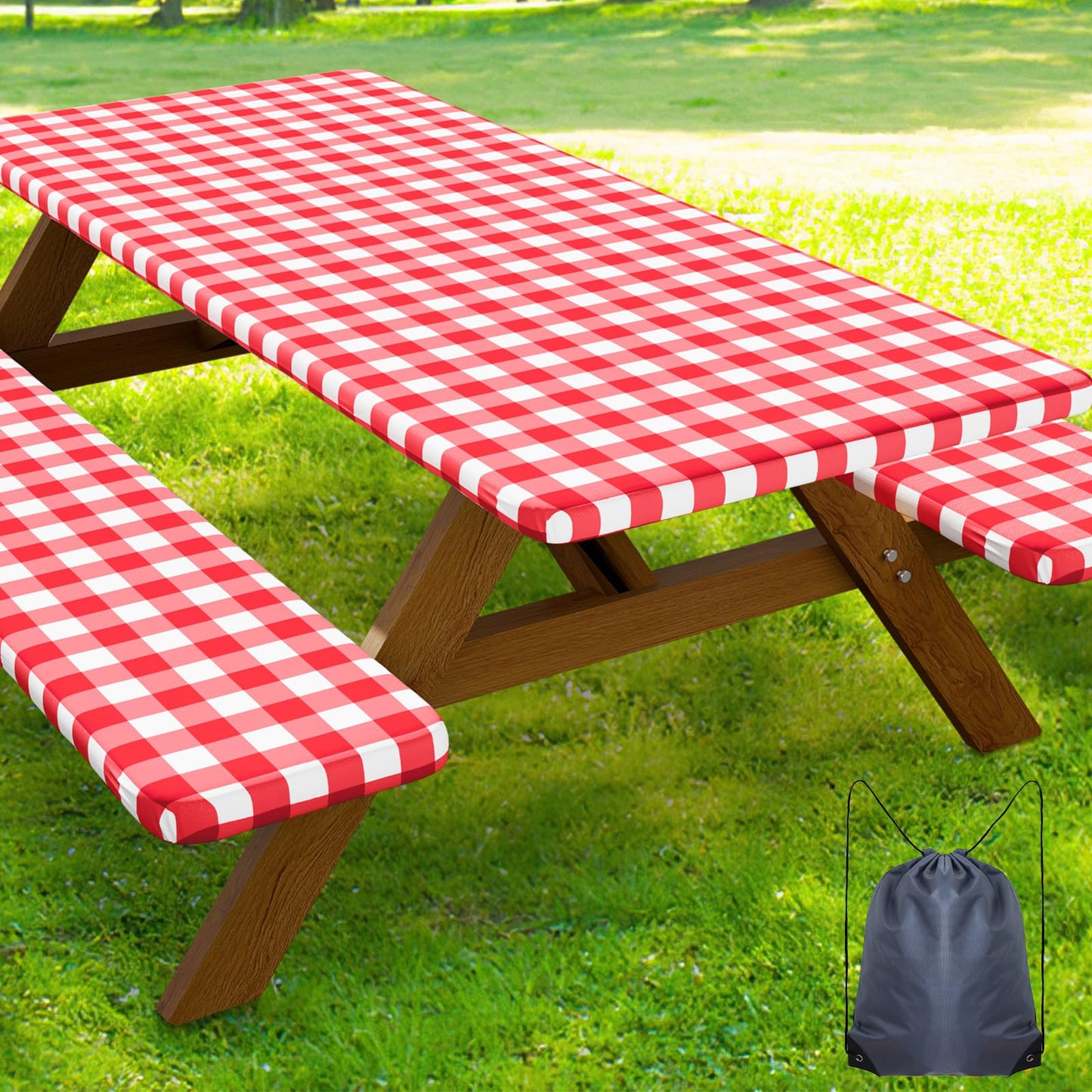 Smiry 6FT Picnic Table Cover with Bench Covers, Elastic Fitted Tablecloth | Waterproof Washable Rectangle Tablecloths ,Buffalo Plaid Tablecloth for Dining, Camping, Outdoor (Black & White, 30" x 72")