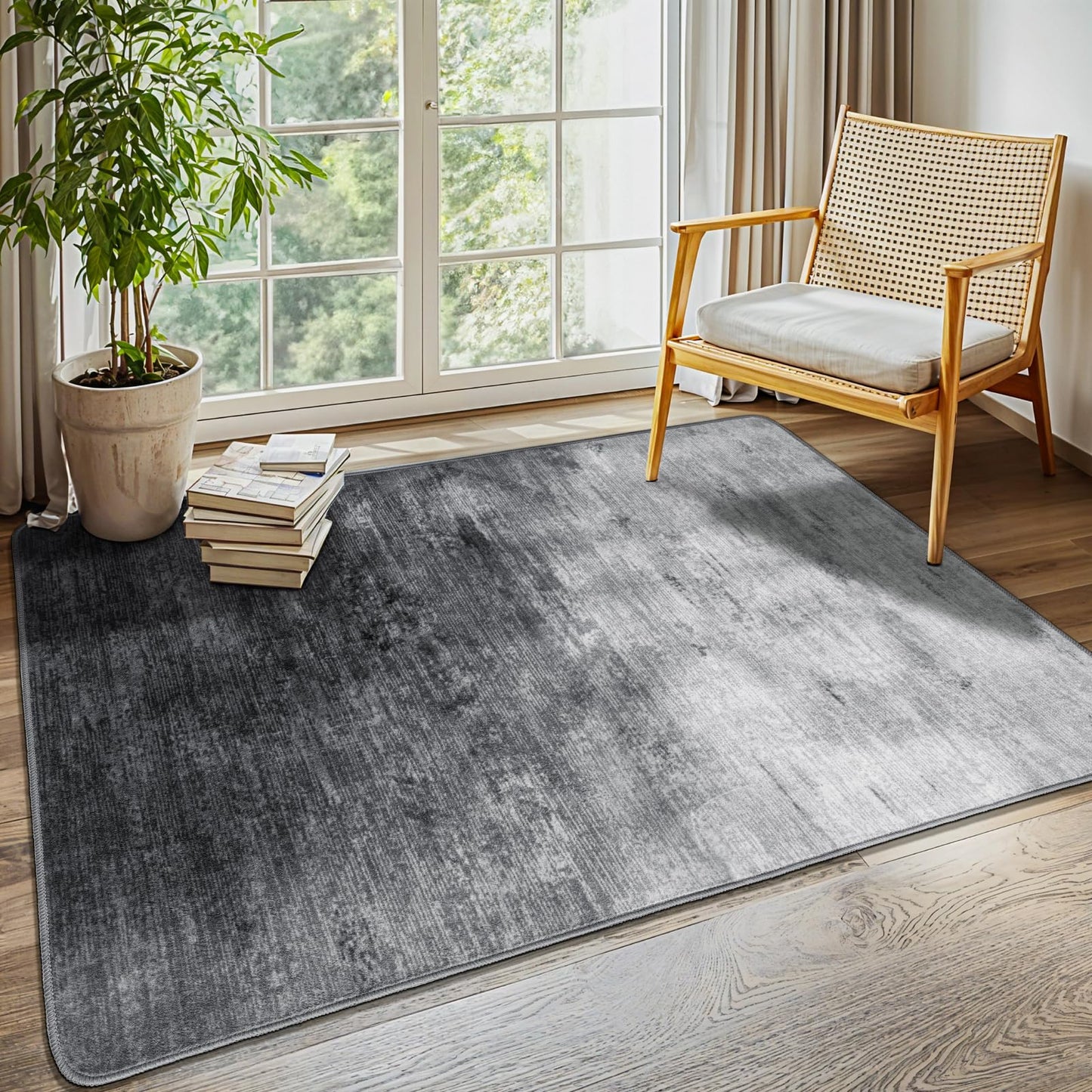 8x10 Washable Area Rug, Black Solid Area Rugs for Living Room & Bedroom | Stain-resistant & Non-slip backing,Low Pile Washable Large Carpet, Solid Vintage Style For High Traffic Areas(8x10,Black)