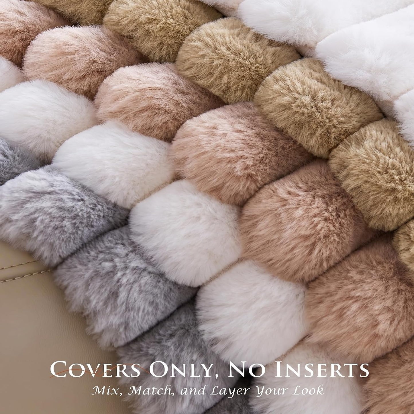 Pack of 2 Throw Pillow Covers 18x18 Decorative Solid Plush Faux Fur with Soft Velvet Back, Square Striped Cushion Cases Modern Farmhouse Home Decor for Living Room Couch Sofa Bed Cream White