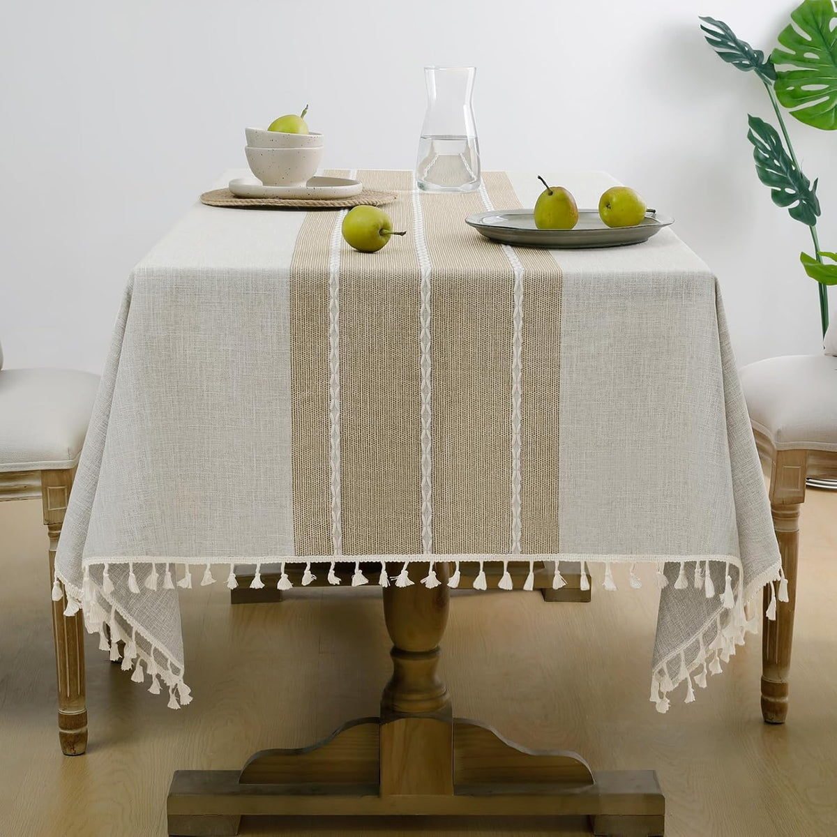 Softalker Outdoor Linen Tablecloth Rectangle, Waterproof Cotton Boho Farmhouse Table Cloths with Tassel, Heavy Weight Wrinkle Free Table Cover for Picnic Camping Dining - 55 x 70 Inch, Coffee Lines