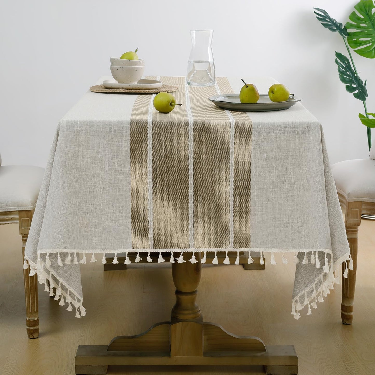 Softalker Outdoor Linen Tablecloth Rectangle, Waterproof Cotton Boho Farmhouse Table Cloths with Tassel, Heavy Weight Wrinkle Free Table Cover for Picnic Camping Dining - 55 x 70 Inch, Coffee Lines