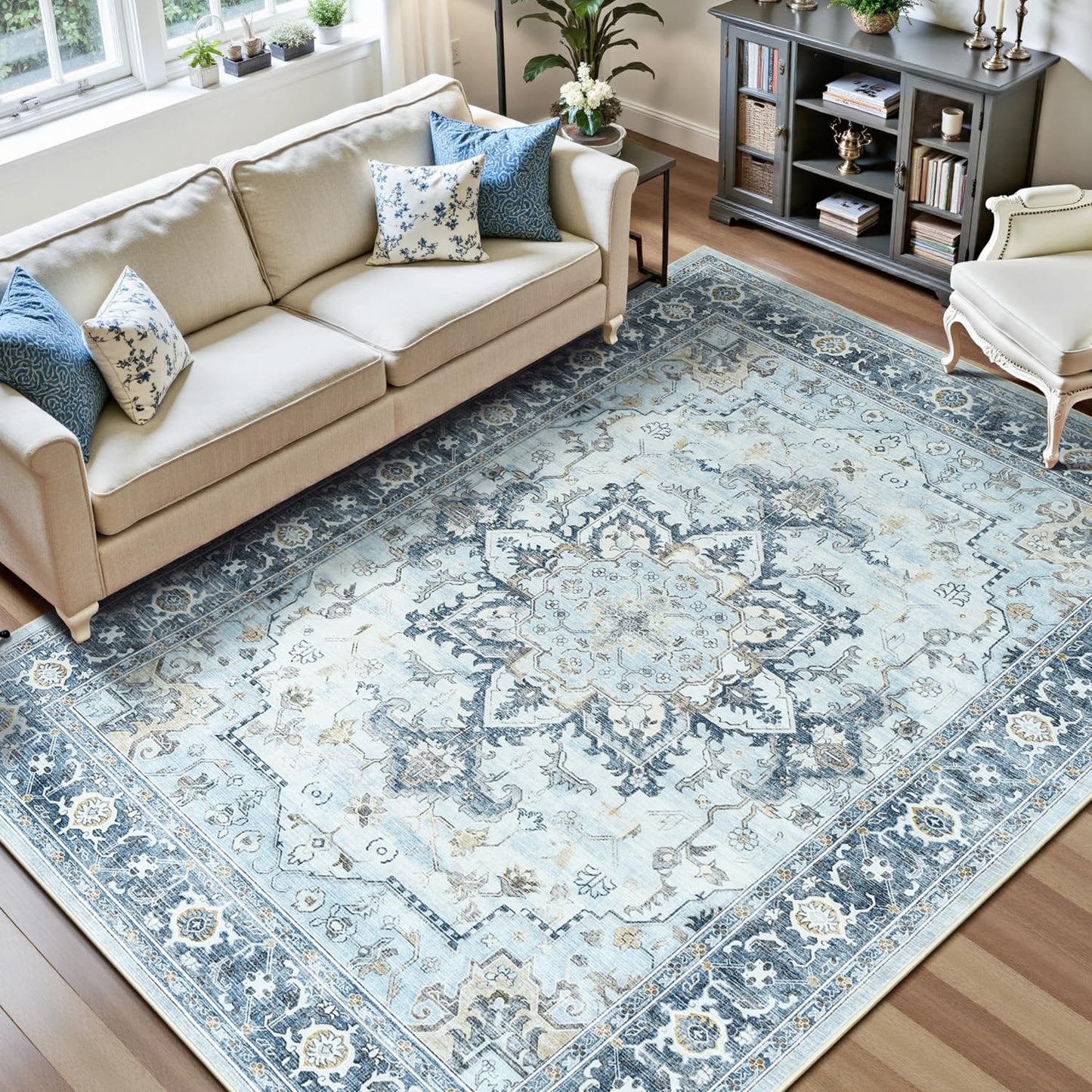 Lofus 5x7 Area Rugs for Living Room Bedroom, Soft Boho Carpet Floral Brown | High-Power Vacuuming, Non-Slip, Low Pile, Stain & Water Repellent, Soft, Skin-Friendly, for Kitchen Entryway Office