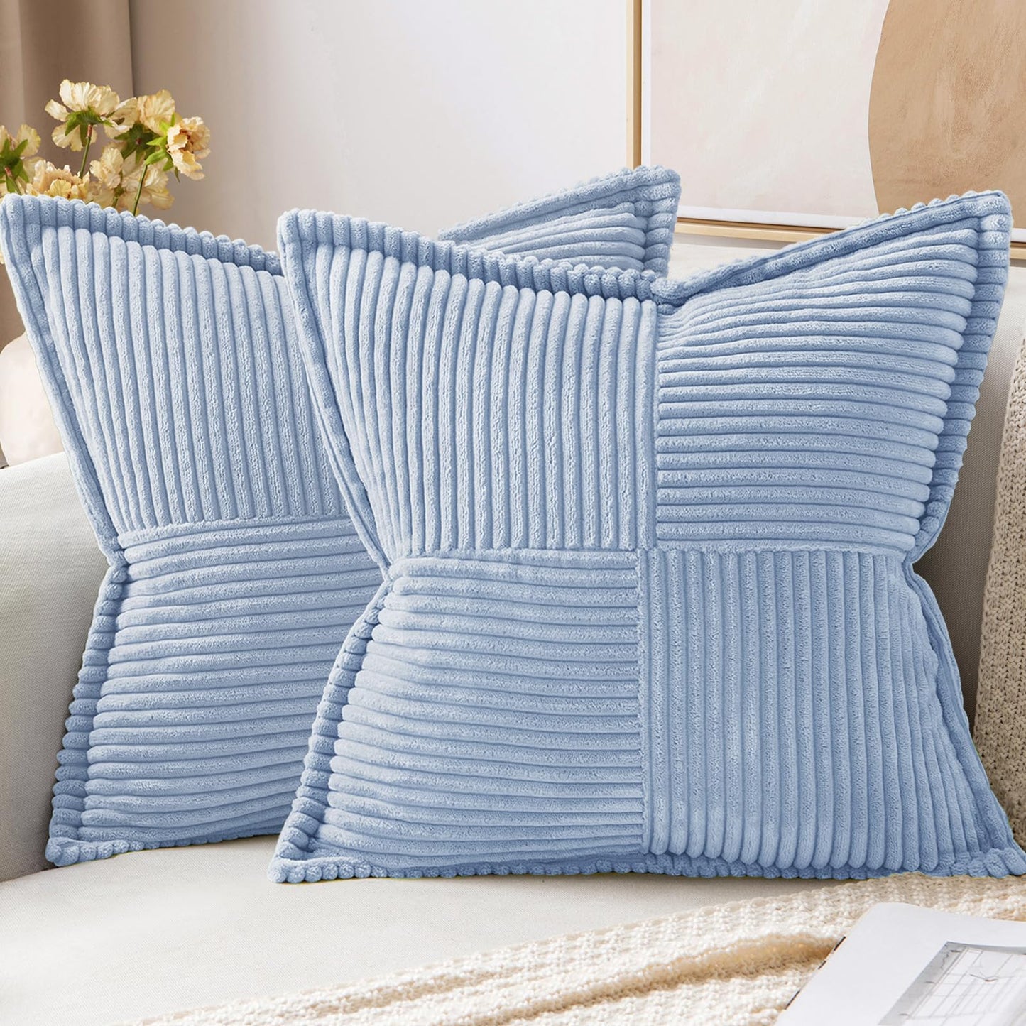 MIULEE Decorative Throw Pillow Covers for Couch 18x18 Inch Beige 2 Pack | Boho Broadside Striped Patchwork Pillow Covers, Soft Corduroy Cushion Cases, For Sofa Bed Livingroom Home Decor