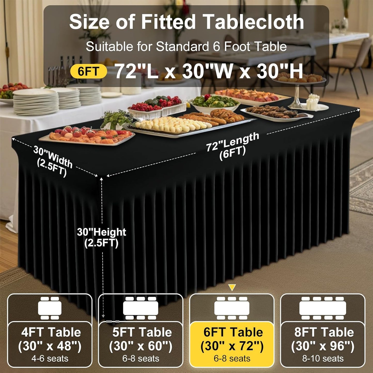 Smiry Spandex Elastic Fitted Table Cloth Skirt for 6FT Rectangle Table | Stretch Washable Table Cloth, Banquet Table Cover for Wedding, Party, Indoor & Trade Shows, (Black, 72Lx30Wx30H)