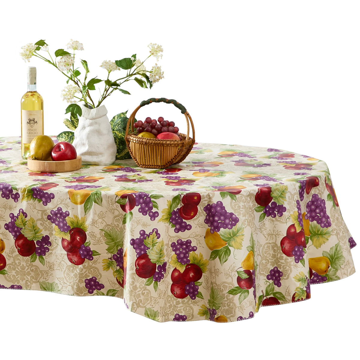 Newbridge Avalon Fresh Ripe Fruit 52”x52” Square Vinyl Tablecloth | Apples, Peaches, Pear and Grape Fruit Print Indoor Outdoor Waterproof Easy Care Vinyl Table Cover with Flannel Backing
