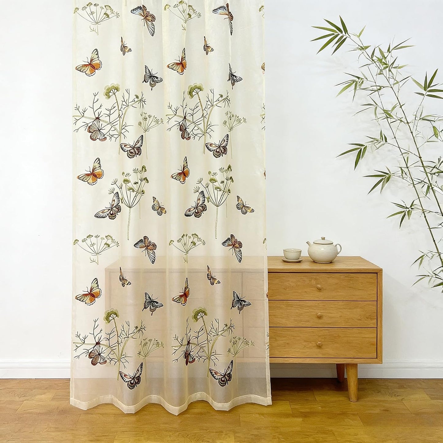 AiFish Embroidered Butterfly Window Semi Sheer Curtains for Kids Room Country Style Dandelion Pattern Room Divider Rod Pocket Tulle Gauze Voile Panel Drapes for Living Room 1 Panel W39 x L84 inch