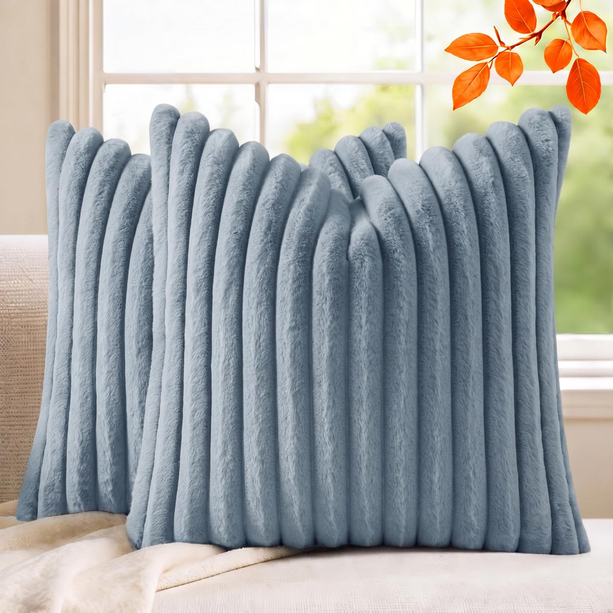 Pack of 2 Throw Pillow Covers 18x18 Decorative Solid Plush Faux Fur with Soft Velvet Back, Square Striped Cushion Cases Modern Farmhouse Home Decor for Living Room Couch Sofa Bed Cream White