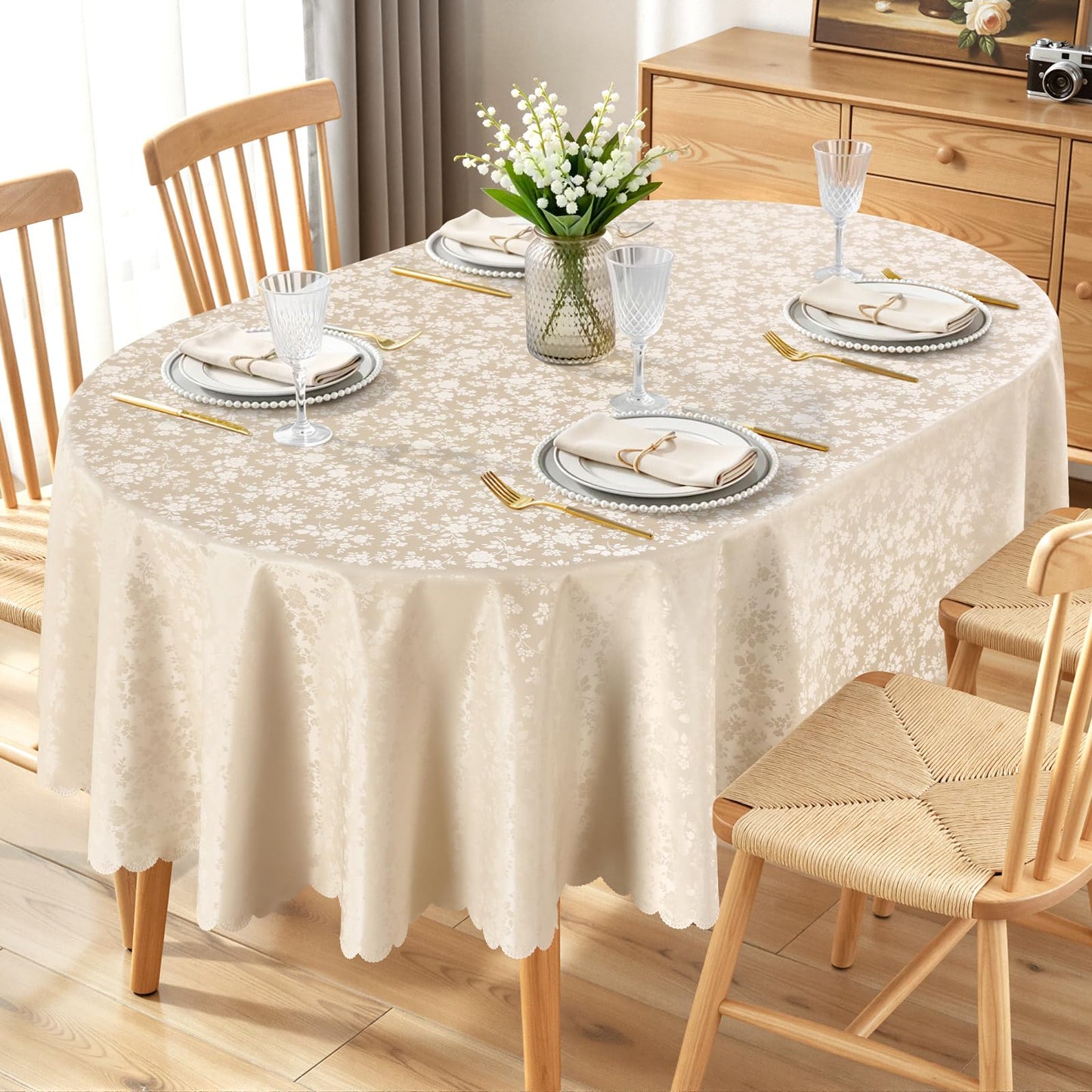 Smiry Rectangle Waterproof Heavy Duty Vinyl Tablecloths, 60 x 84 Inch | Wipeable Washable Floral Embossed Table Cover for Kitchen and Dining Room, Indoor & Outdoor Use, Beige