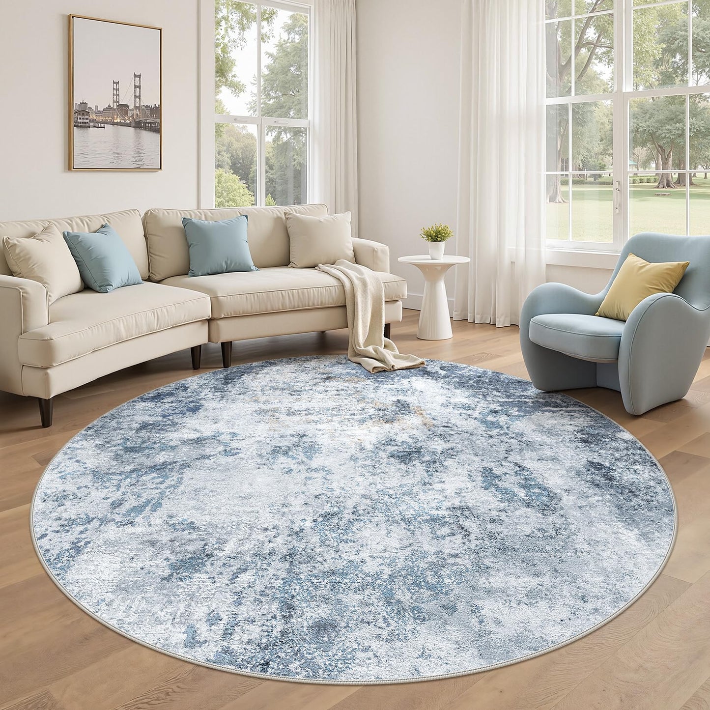 DMOYEST 8x10 Area Rug for Living Room Washable Abstract Indoor Carpet | Neutral Modern Low Pile Rugs Kid & Pet Friendly Large Soft Thin Carpet for Bedroom Dining Room - Grey Blue