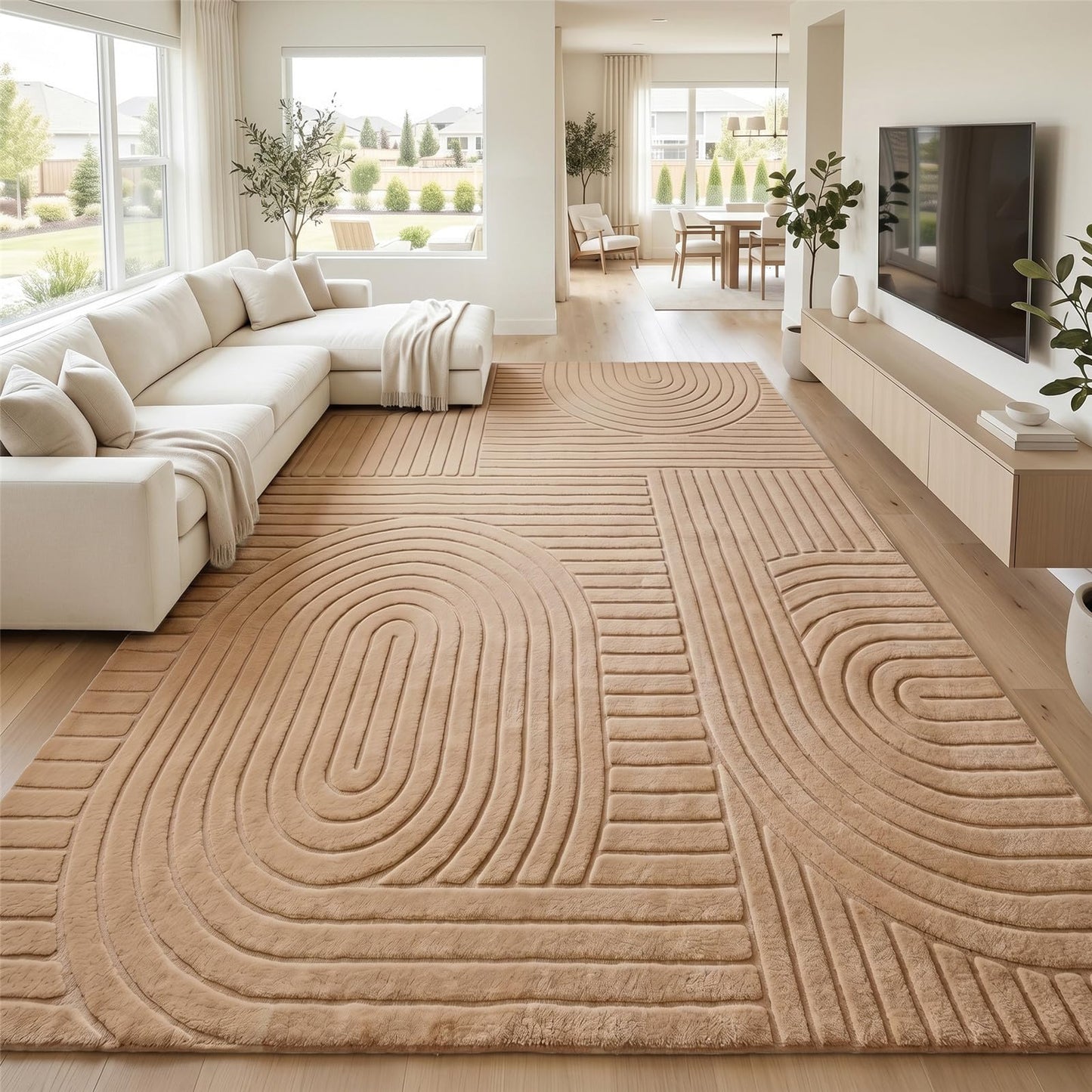 Beige Solid Area Rug 8x10, Washable Rugs for Living Room Bedroom | Modern Neutral Boho Geometric High-Low Pile Carpet, Soft, Fluffy Non-Slip Rugs for Nursery, Kids Room, Apartment, Home Office