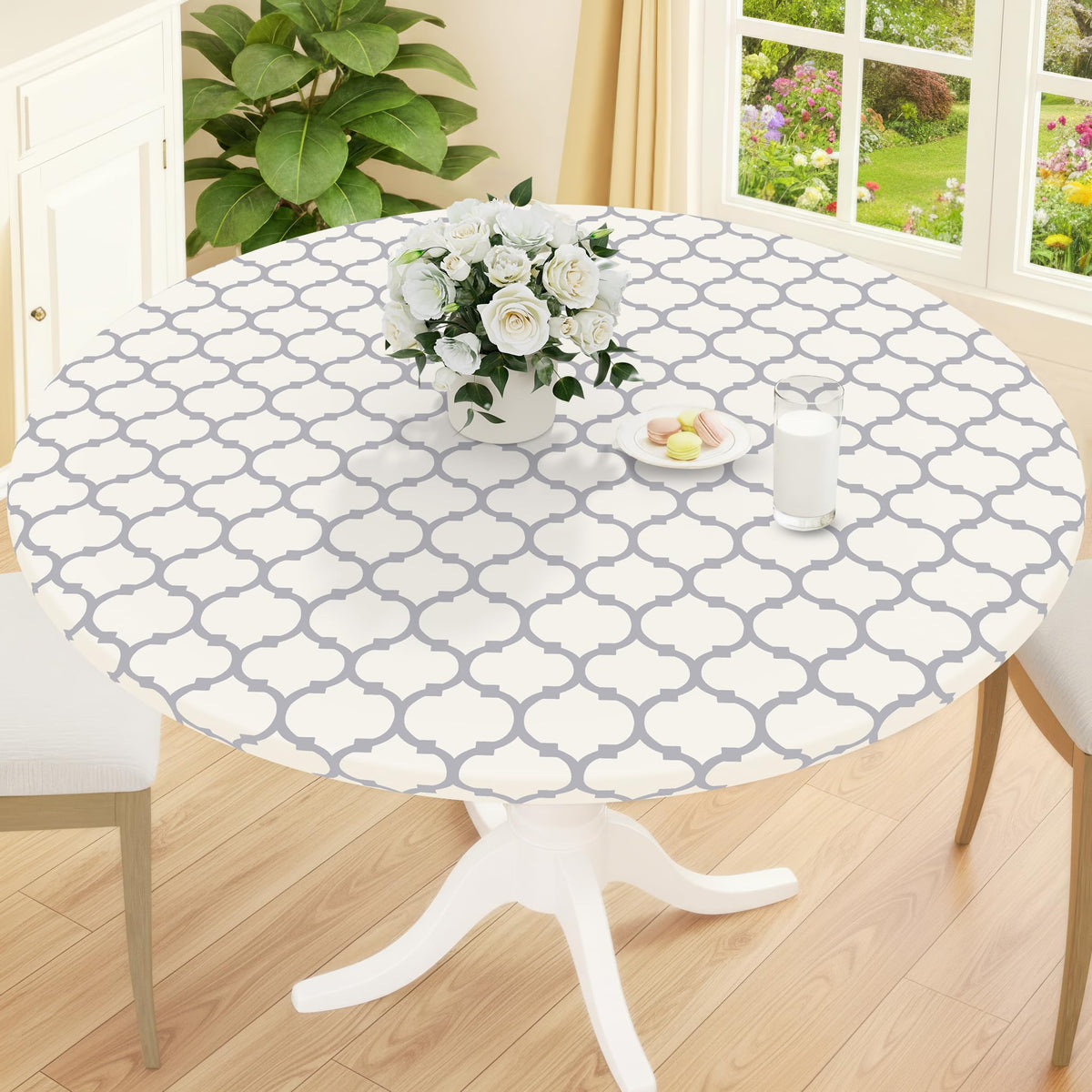 Smiry Round Picnic Tablecloth, Waterproof Elastic Fitted Table Covers for 45" - 56" Tables, Wipeable Flannel Backed Vinyl Tablecloths for Camping, Indoor, Outdoor, Grey & White