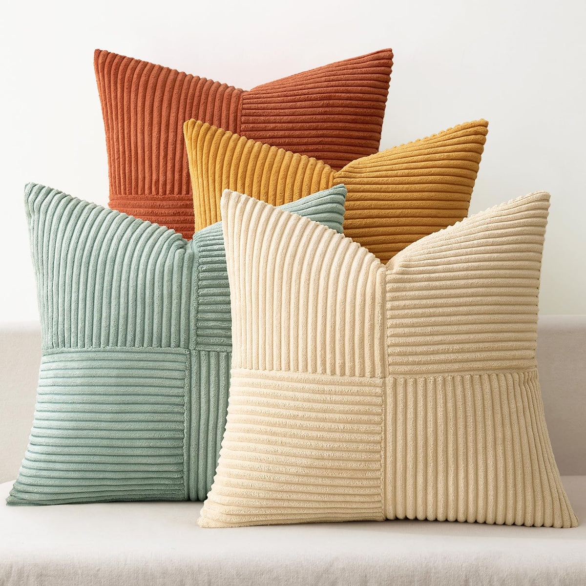 MIULEE Fall Teal Orange Decorative Throw Pillow Covers 18x18 Inch Set of 4 Boho Corduroy Striped Cushion Cases Modern Farmhouse Patchwork Pillow Cases for Couch Sofa Bedroom Home Decor
