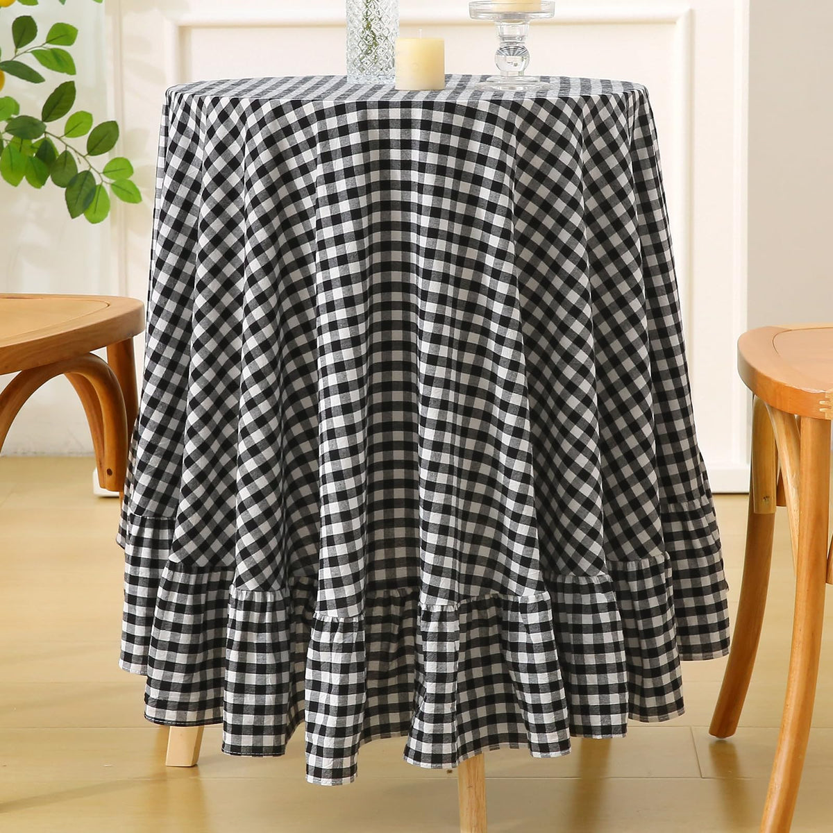 Blush White Gingham Ruffled Table Cloth Rectangular 120“x60” | 100% Washed Cotton, for Seat 8-10, Buffet Picnic Baby Shower Party Tablecloth, Decorative Checker Plaid Farmhouse Table Cover