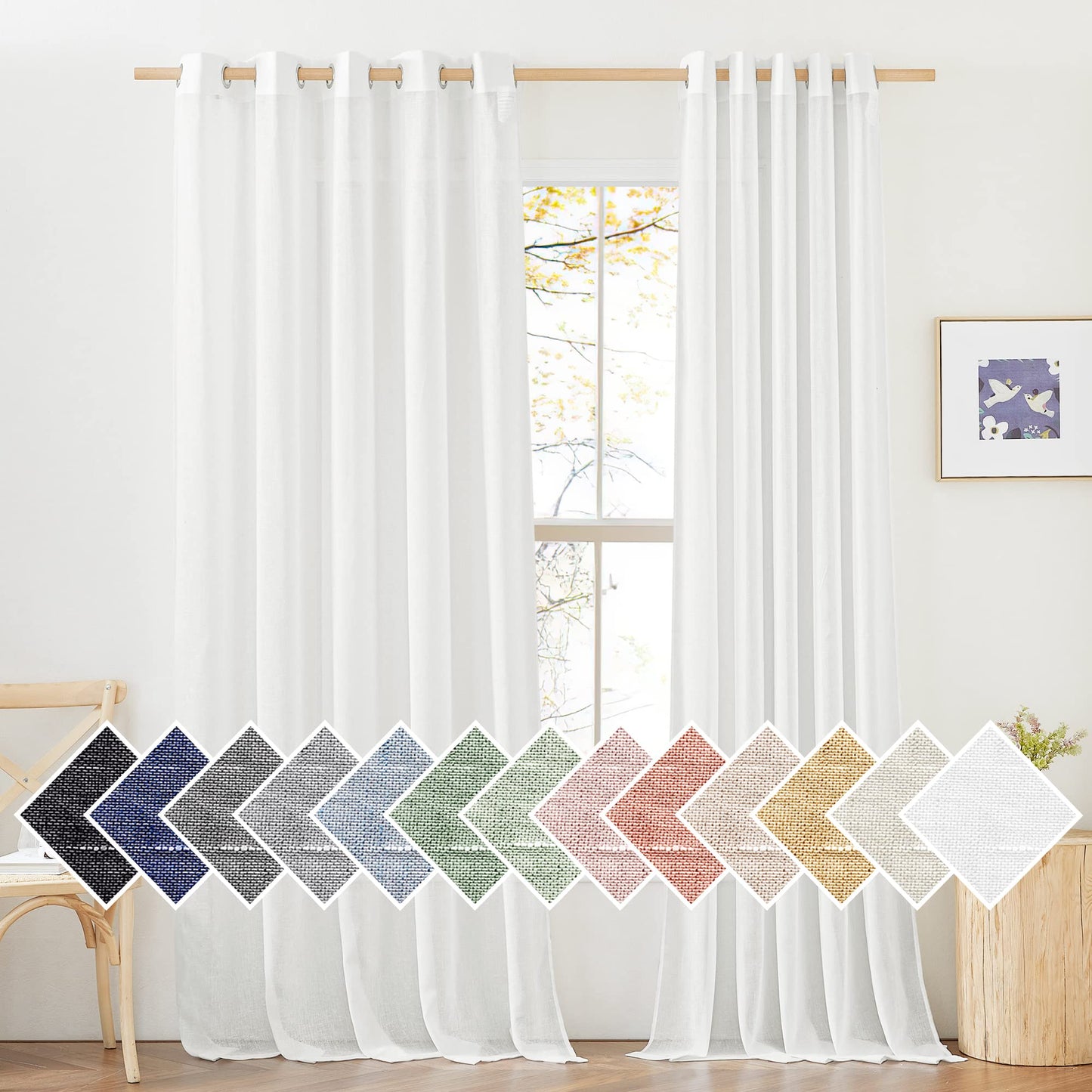 NICETOWN White Sheer Linen Curtains for Living Room 84 inch Length 2 Panels Set, Grommet Semi Sheer Privacy with Light Filtering Flax Window Treatments for Bedroom, W52 x L84