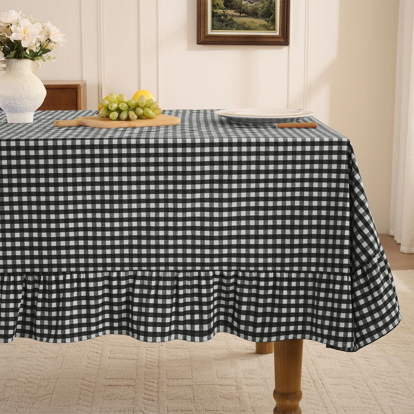 Romanstile Gingham Ruffled Tablecloth Rectangle, 60 x 84 Inch, Sage Green | Waterproof Checkered Table Cloth, Polyester-cotton, Farmhouse Plaid Table Cover for Outdoor, Picnic, Camping, Party