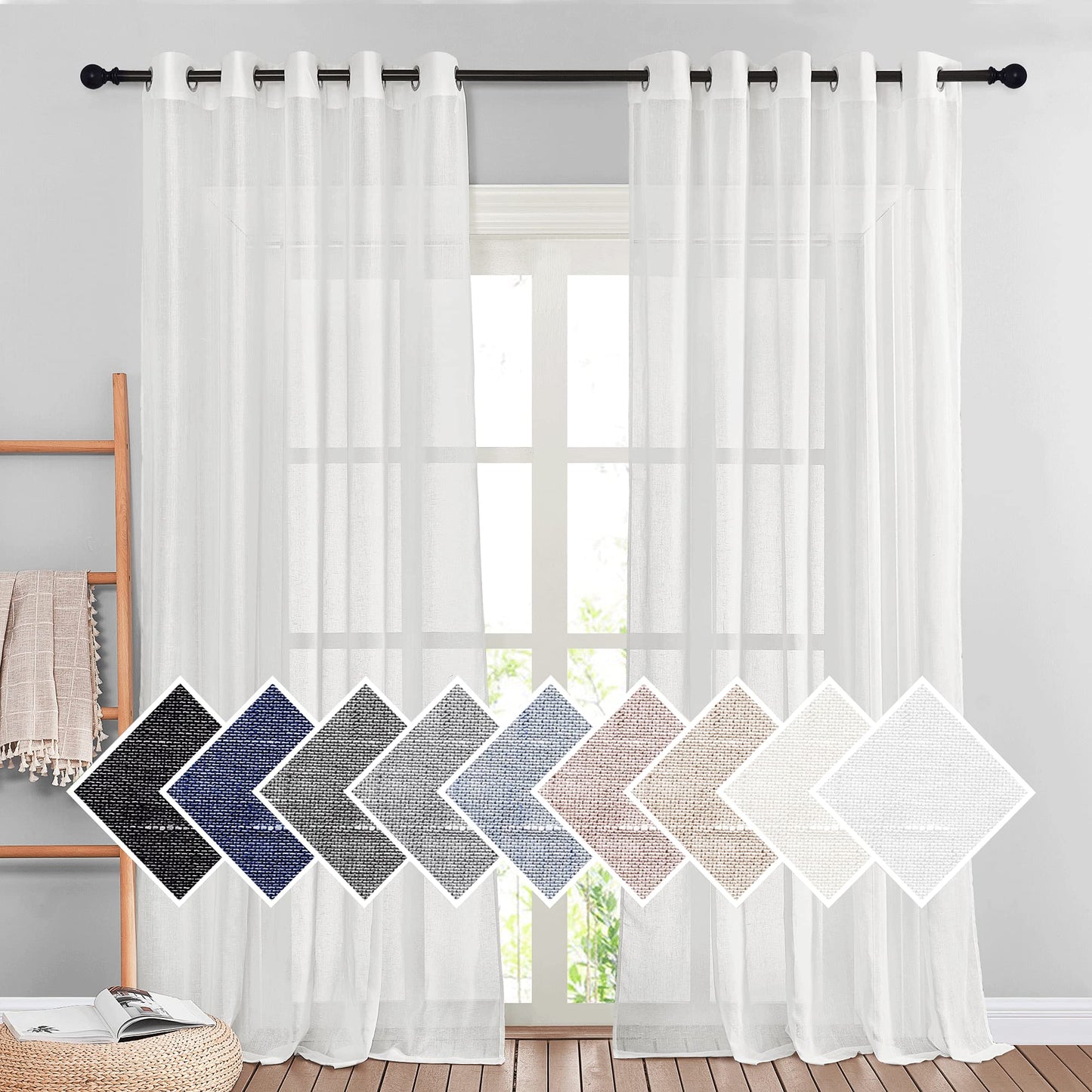 NICETOWN White Sheer Linen Curtains for Living Room 84 inch Length 2 Panels Set, Grommet Semi Sheer Privacy with Light Filtering Flax Window Treatments for Bedroom, W52 x L84