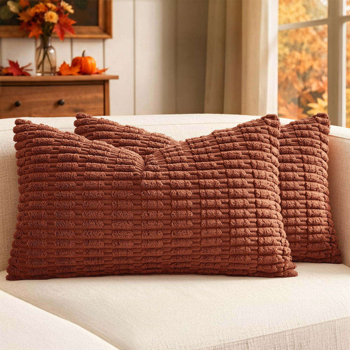 MIULEE Corduroy Decorative Throw Pillow Covers 18x18 Cream White Pack of 2 | Soft Boho Striped Pillow Covers Modern Farmhouse Home Decor For Sofa Living Room Couch Bed