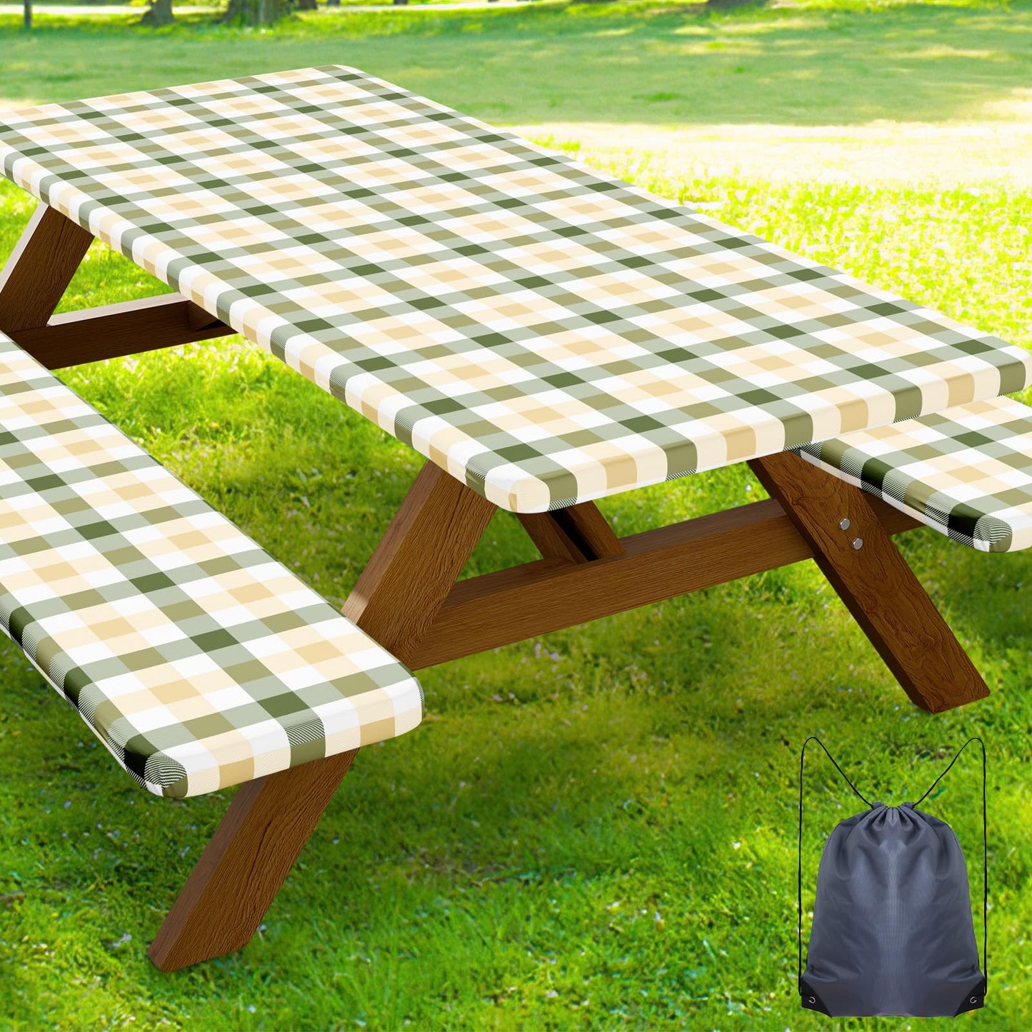 Smiry 6FT Picnic Table Cover with Bench Covers, Elastic Fitted Tablecloth | Waterproof Washable Rectangle Tablecloths ,Buffalo Plaid Tablecloth for Dining, Camping, Outdoor (Black & White, 30" x 72")