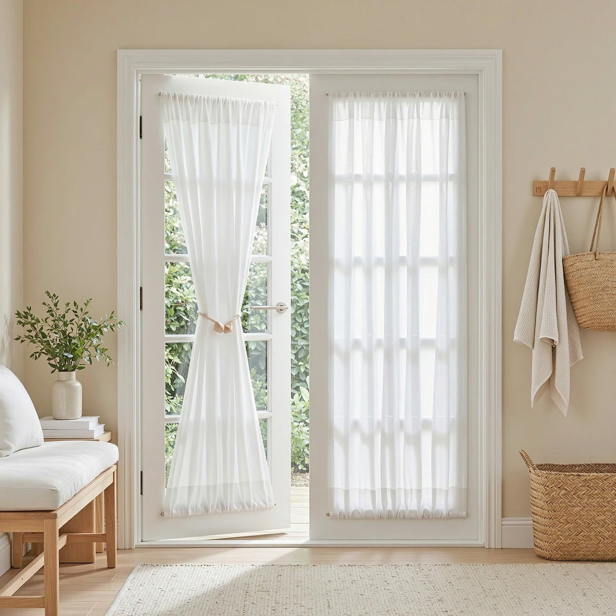 MYSKY HOME Linen Curtains for Living Room, Natural Semi Sheer Curtains & Drapes 84 inches Length 2 Panels Set Farmhouse Country Boho Style Back Tab Draperies for Sliding Glass Door, 50" Wide, Linen