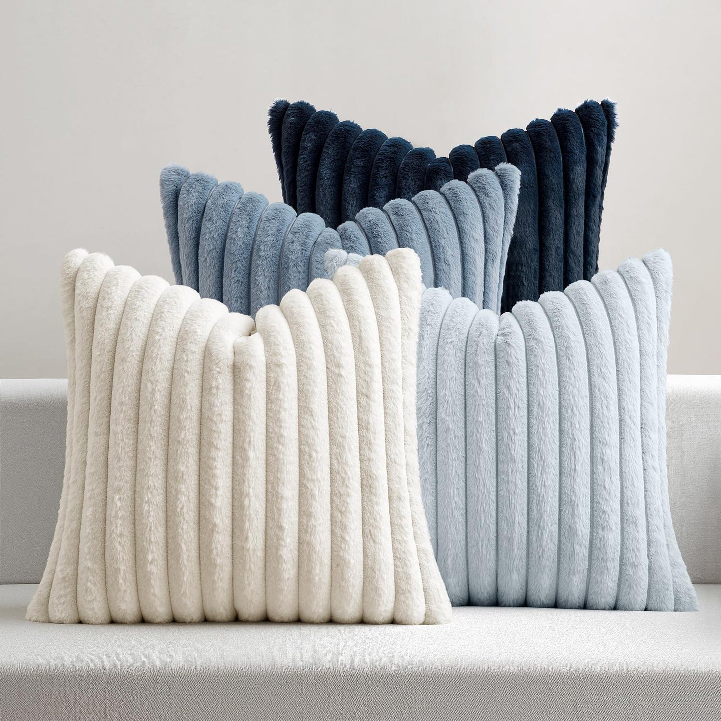 MIULEE Faux Fur Plush Decorative Throw Pillow Covers 18x18, Navy Blue | Set of 4, Striped, Soft Coastal Modern Cozy Home Decor, Cushion Cases for Sofa Couch Bed Living Room
