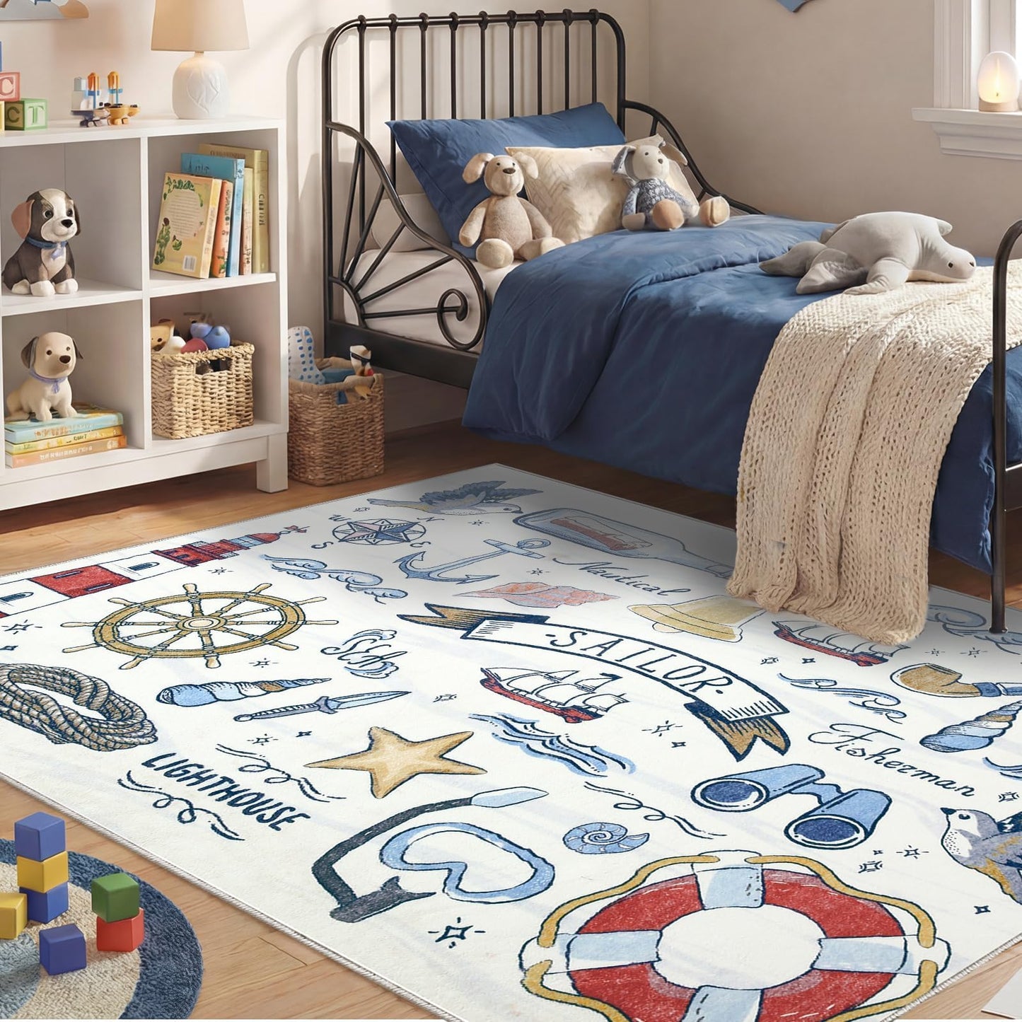 OPPODREAM Soft Area Rugs 5x7, Persian-Inspired Washable Rug, Blue & Gold | Low-Pile Faux Cashmere Surface, TPR Non-Slip Backing, 5 x 7 Carpet for Bedroom, Office, Dorm, Dining Room