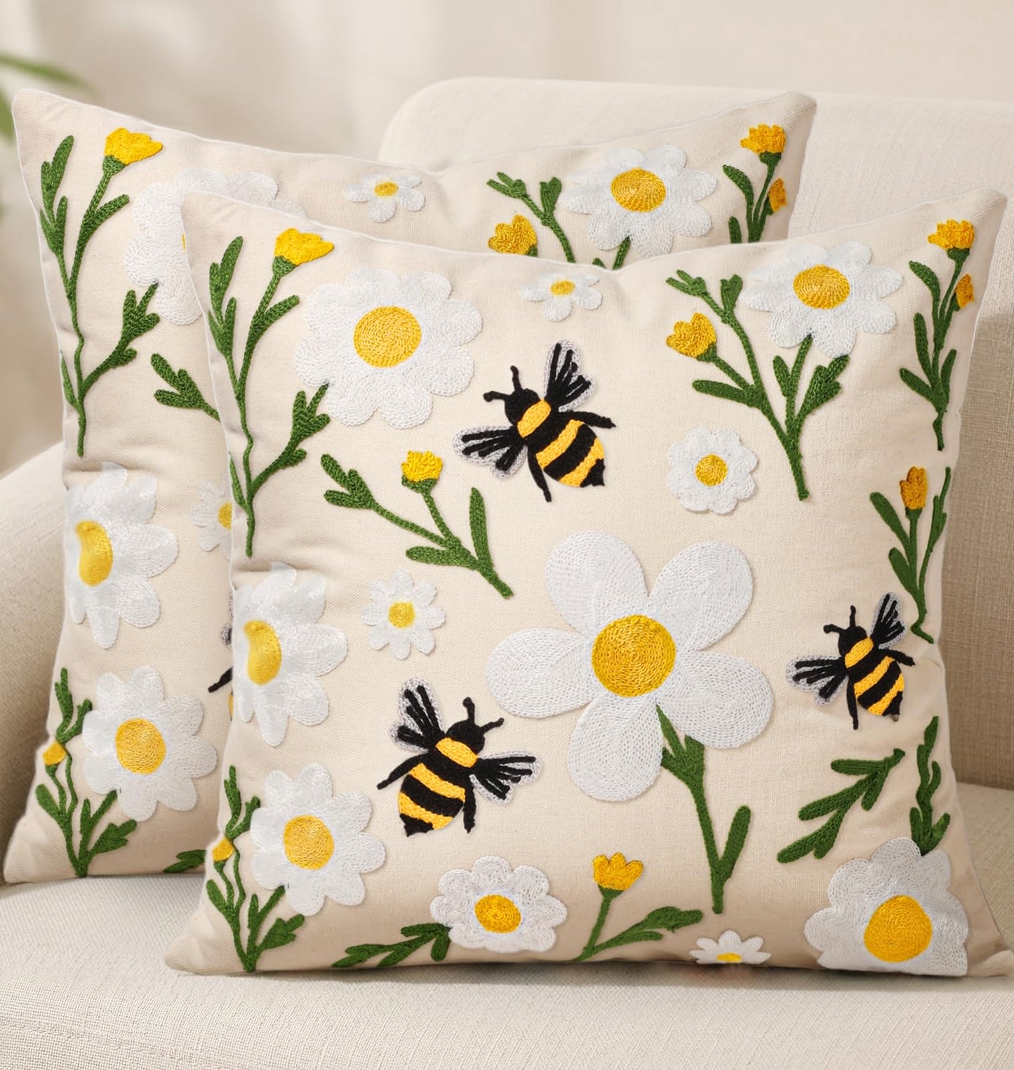 Embroidered Throw Pillow Cover 18x18 Inch, Flower Cluster | Decorative Pillow Cover, Floral Farmhouse Cushion Case with Hidden Zipper, Home Decor for Couch, Sofa, Living Room, Bedroom