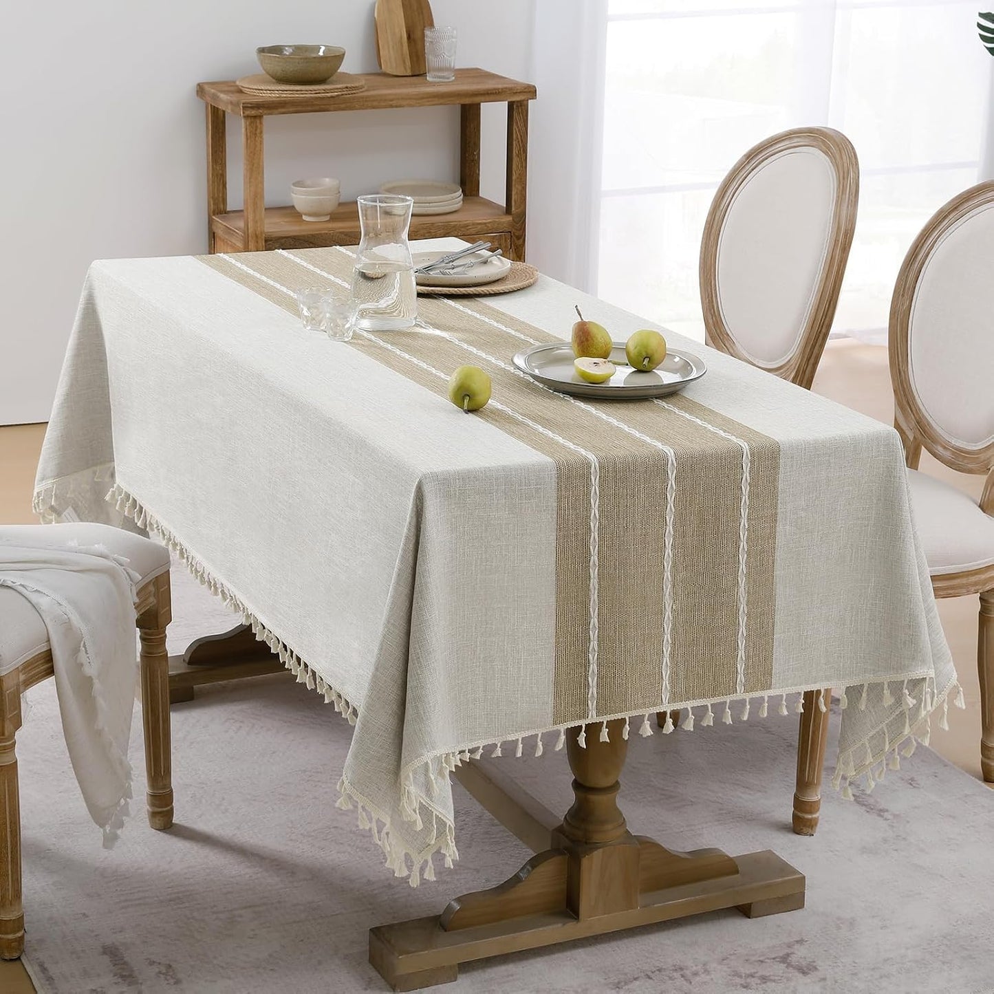 Softalker Outdoor Linen Tablecloth Rectangle, Waterproof Cotton Boho Farmhouse Table Cloths with Tassel, Heavy Weight Wrinkle Free Table Cover for Picnic Camping Dining - 55 x 70 Inch, Coffee Lines